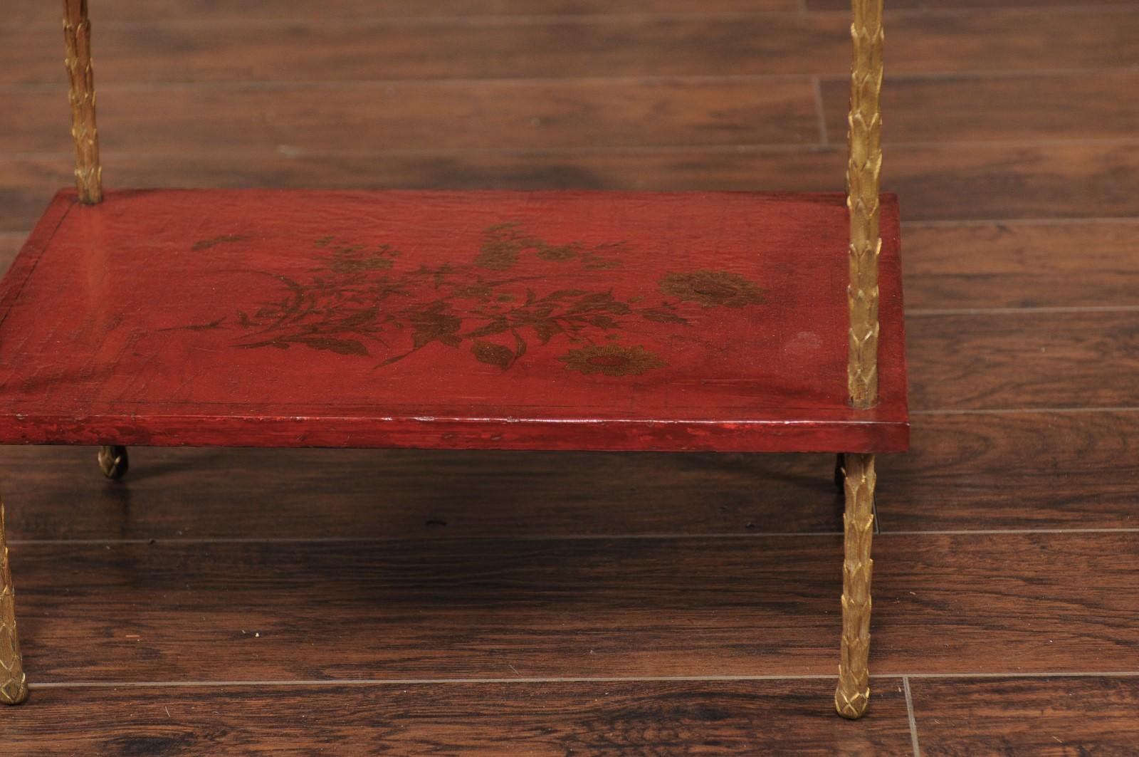 Maison Jansen Style Midcentury Tiered Side Table with Red Chinoiserie Décor 3