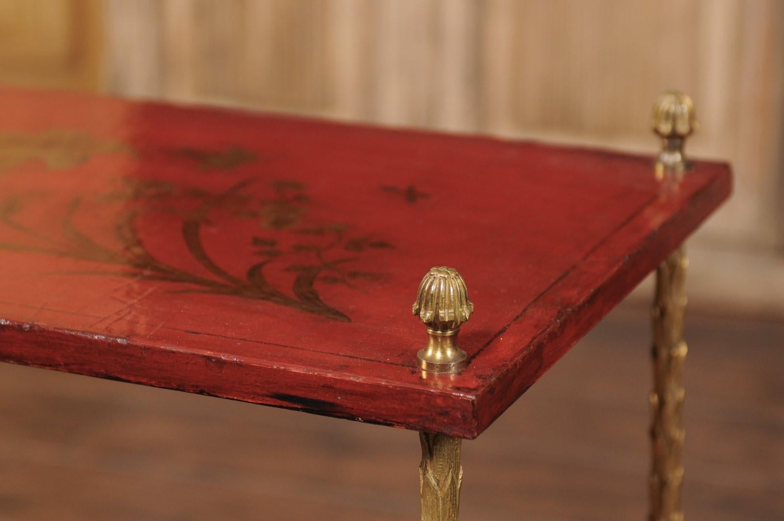 Maison Jansen Style Midcentury Tiered Side Table with Red Chinoiserie Décor 4