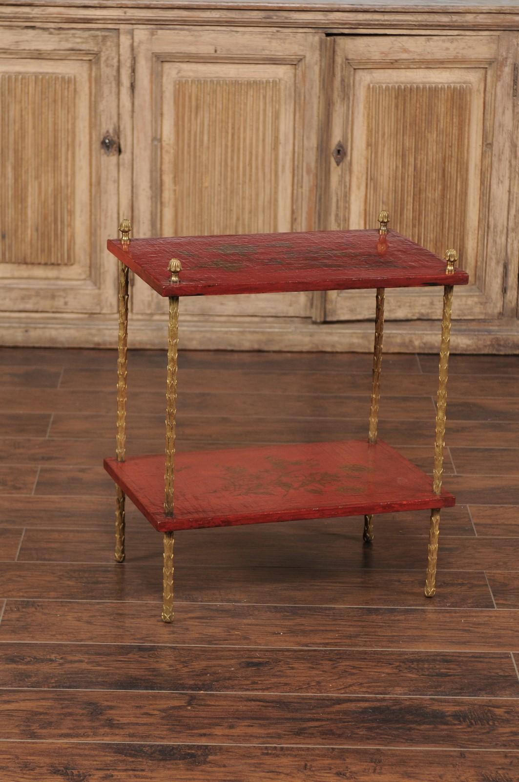 Mid-Century Modern Maison Jansen Style Midcentury Tiered Side Table with Red Chinoiserie Décor