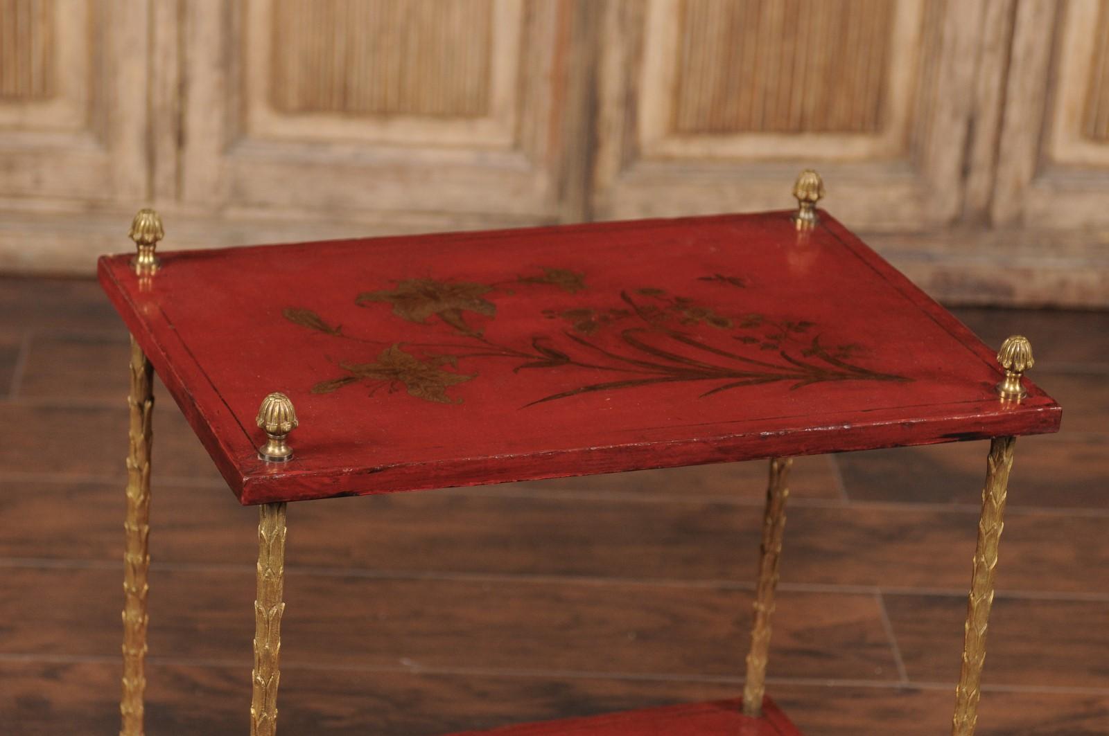 French Maison Jansen Style Midcentury Tiered Side Table with Red Chinoiserie Décor