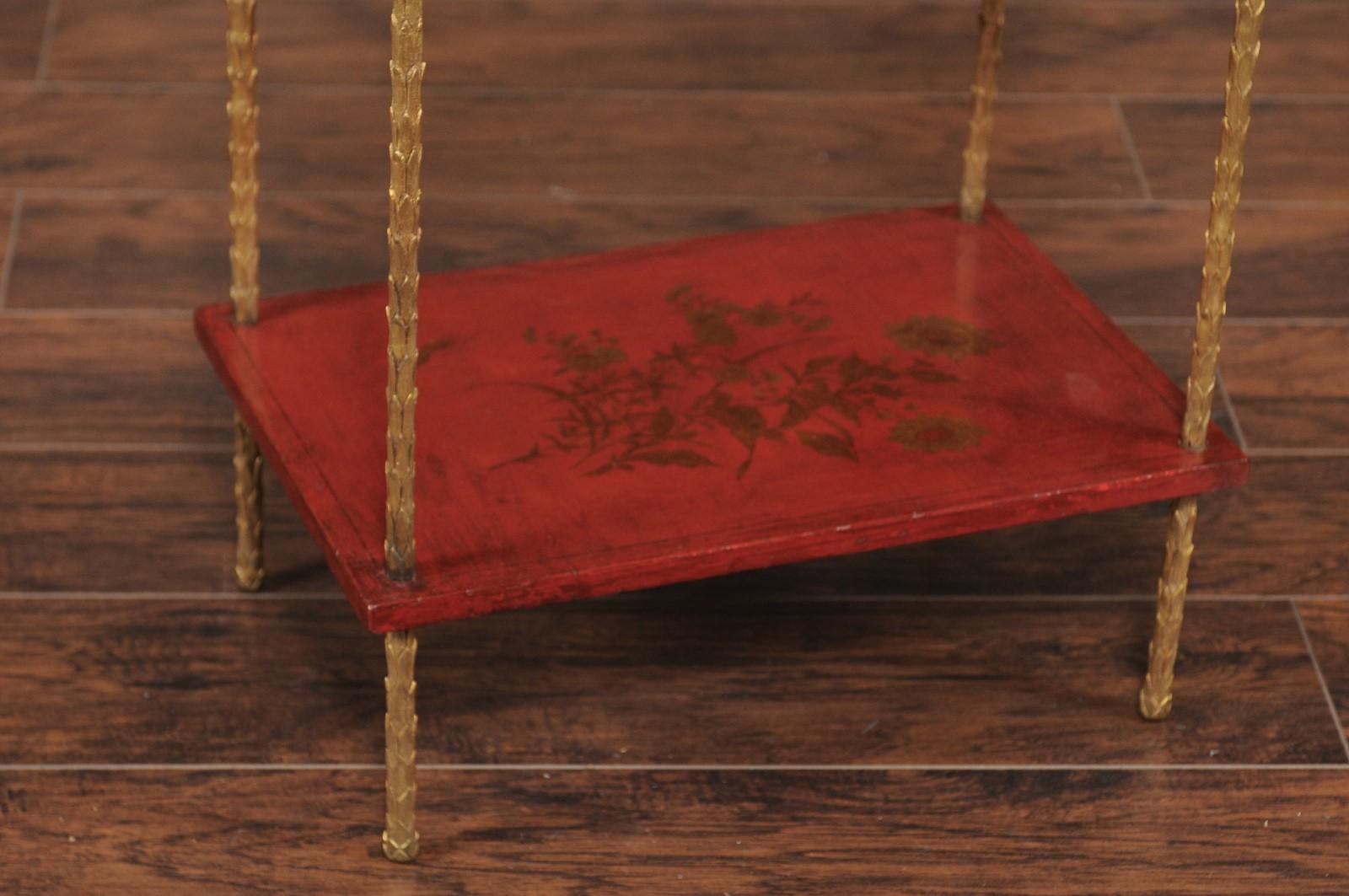 Maison Jansen Style Midcentury Tiered Side Table with Red Chinoiserie Décor In Good Condition In Atlanta, GA