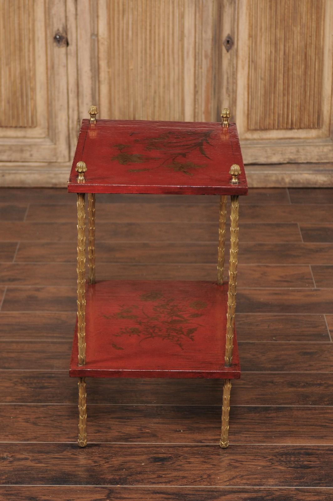 20th Century Maison Jansen Style Midcentury Tiered Side Table with Red Chinoiserie Décor