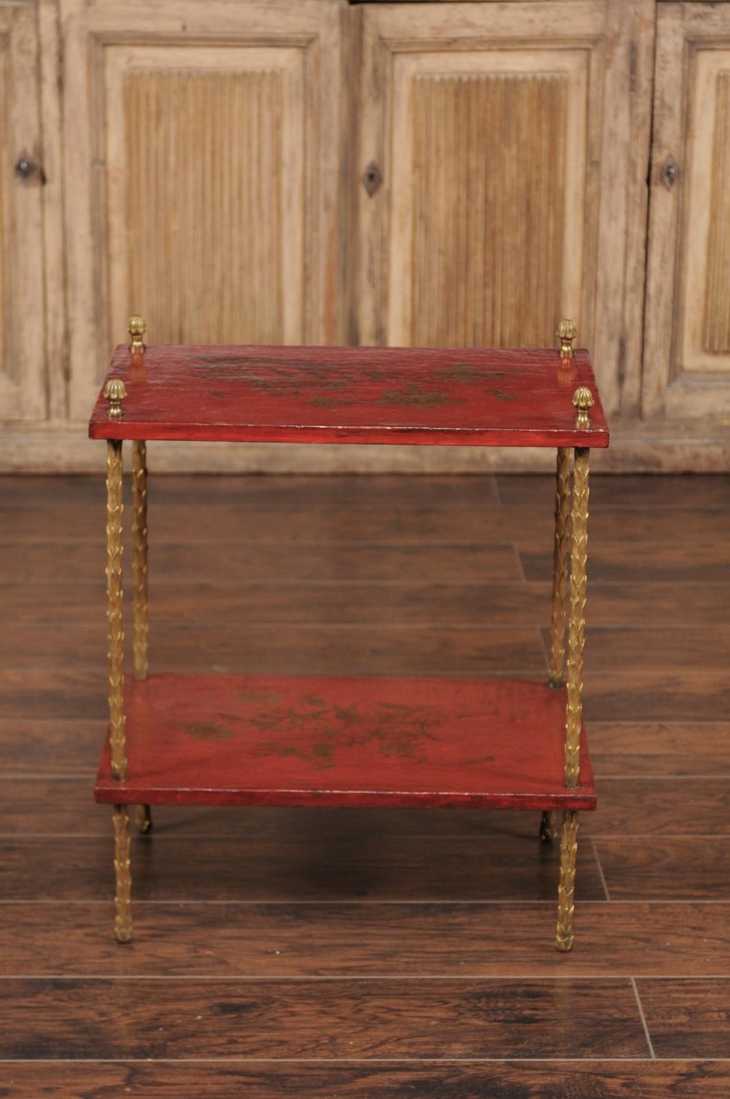 Wood Maison Jansen Style Midcentury Tiered Side Table with Red Chinoiserie Décor
