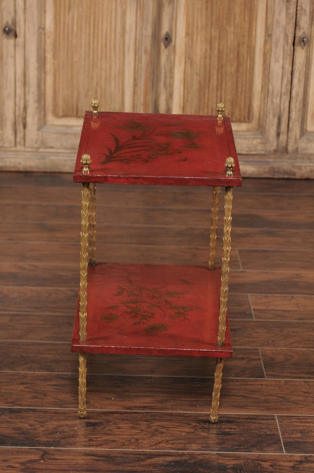 Maison Jansen Style Midcentury Tiered Side Table with Red Chinoiserie Décor 1