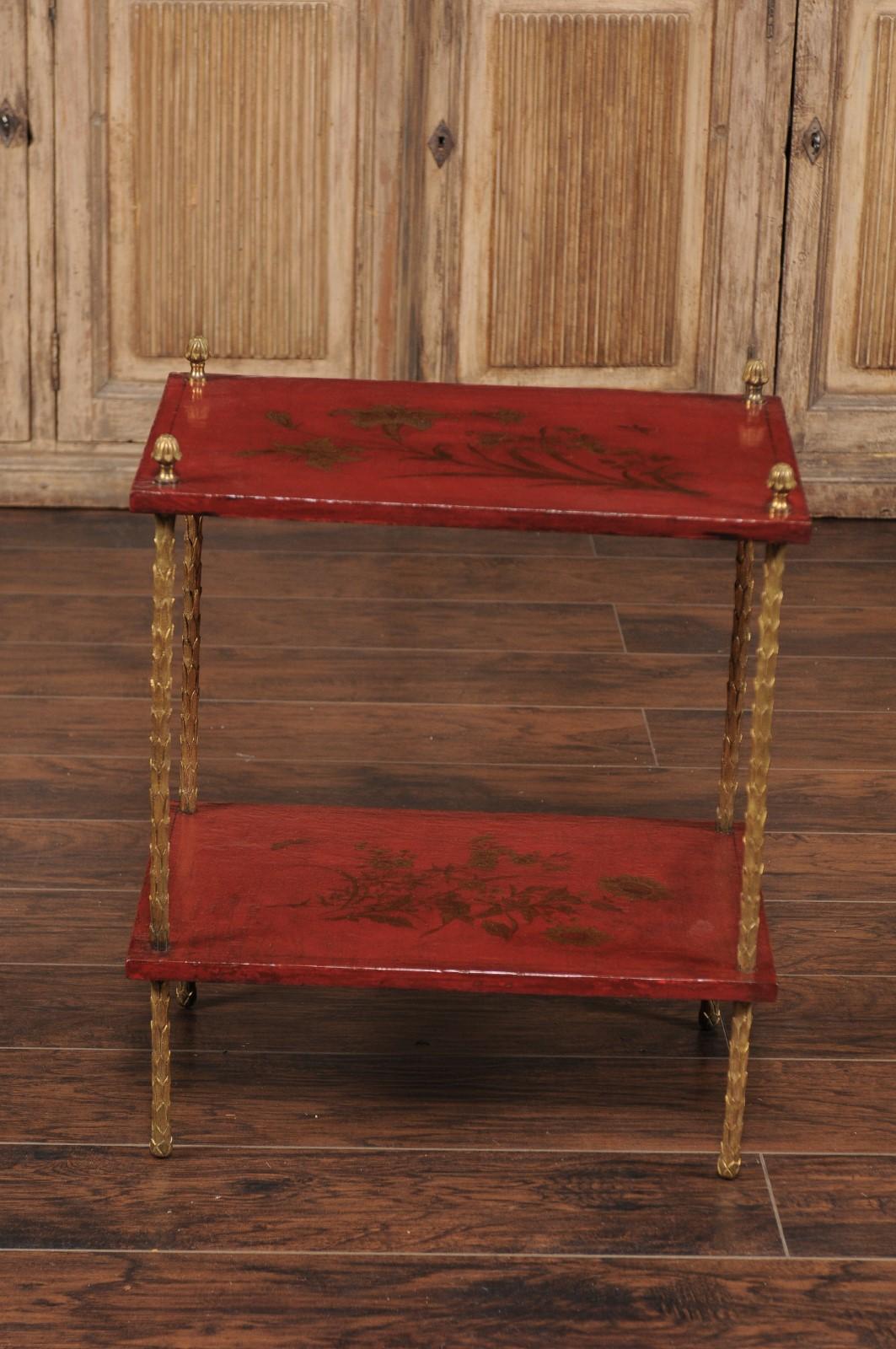 Maison Jansen Style Midcentury Tiered Side Table with Red Chinoiserie Décor 2