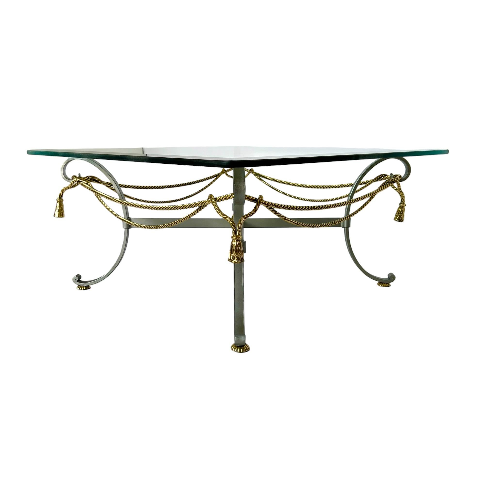 Unknown Maison Jansen Style Mixed Metal Rope & Tassel Glass Top Coffee Table, 1970s For Sale