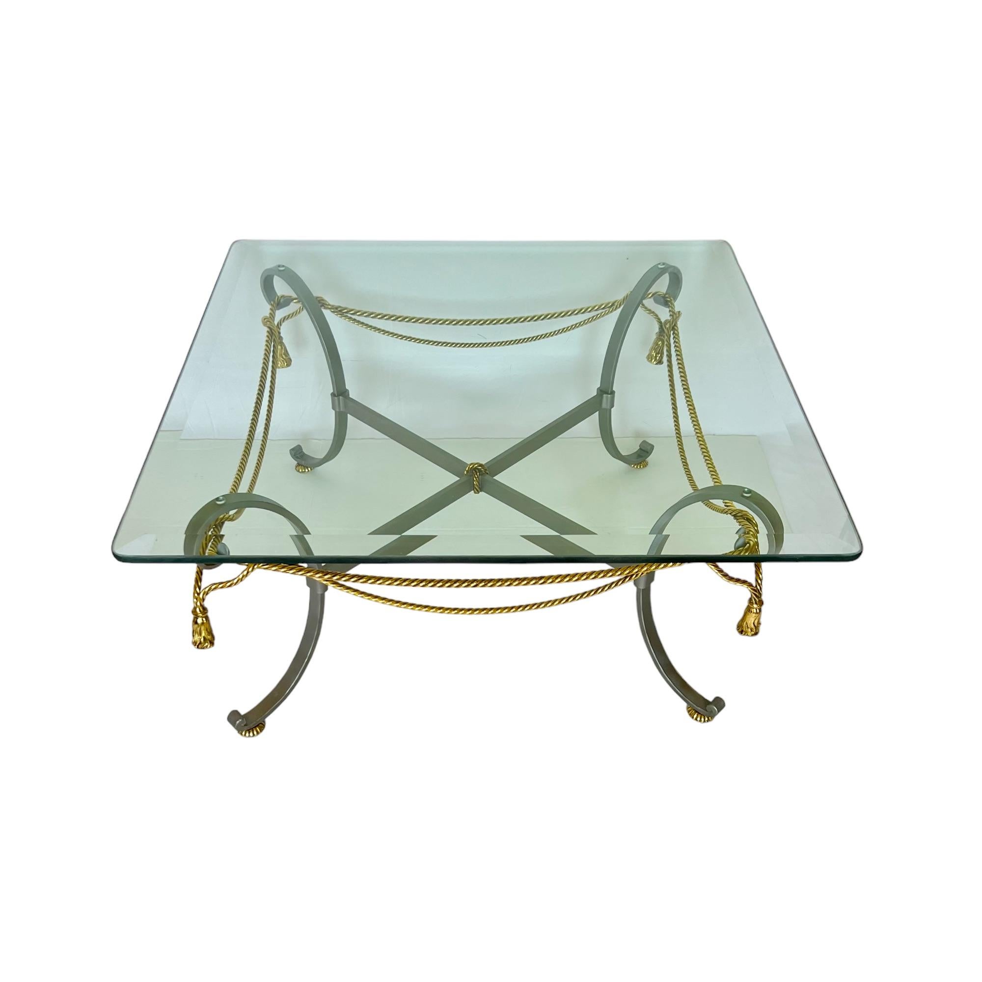 Beveled Maison Jansen Style Mixed Metal Rope & Tassel Glass Top Coffee Table, 1970s For Sale