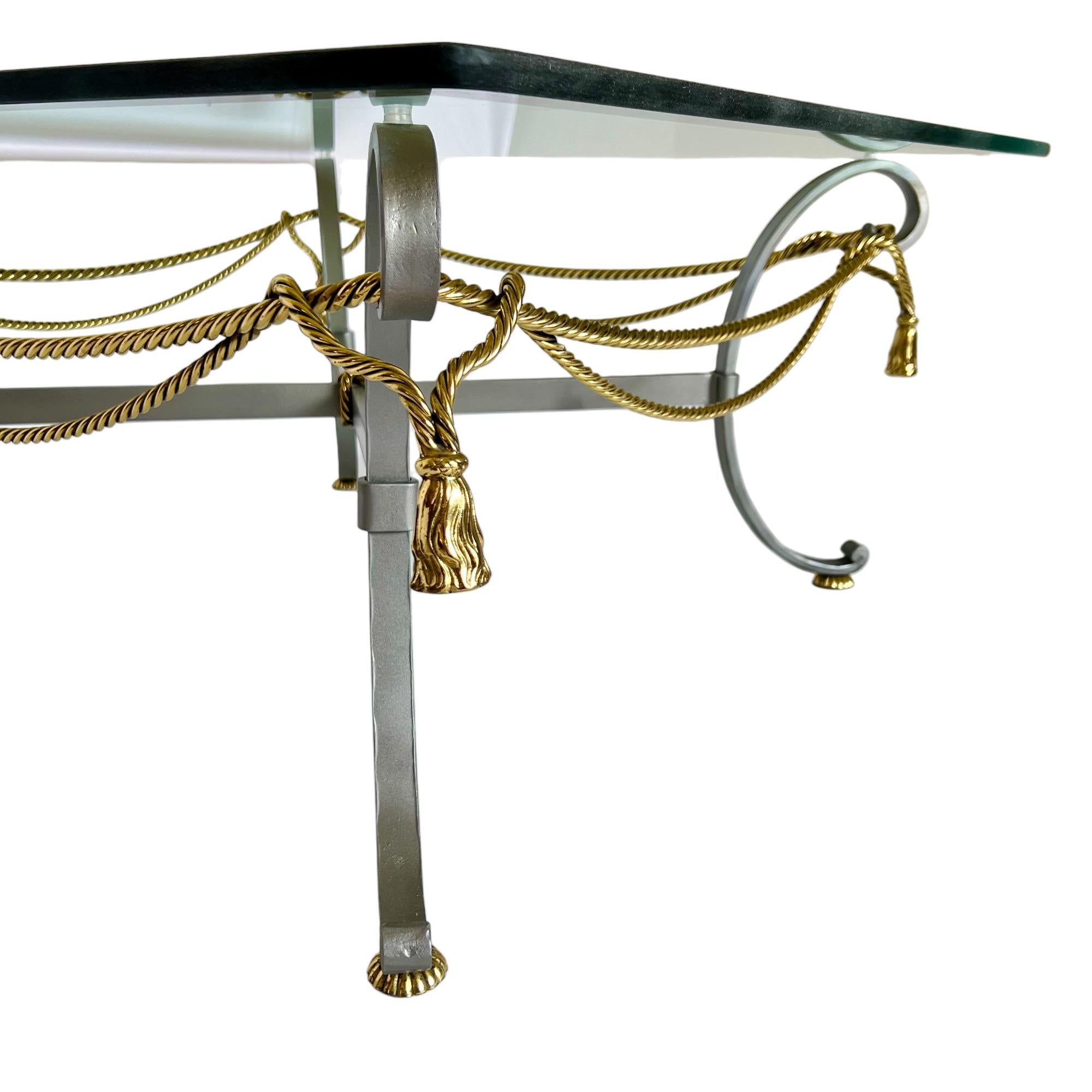 Brass Maison Jansen Style Mixed Metal Rope & Tassel Glass Top Coffee Table, 1970s For Sale