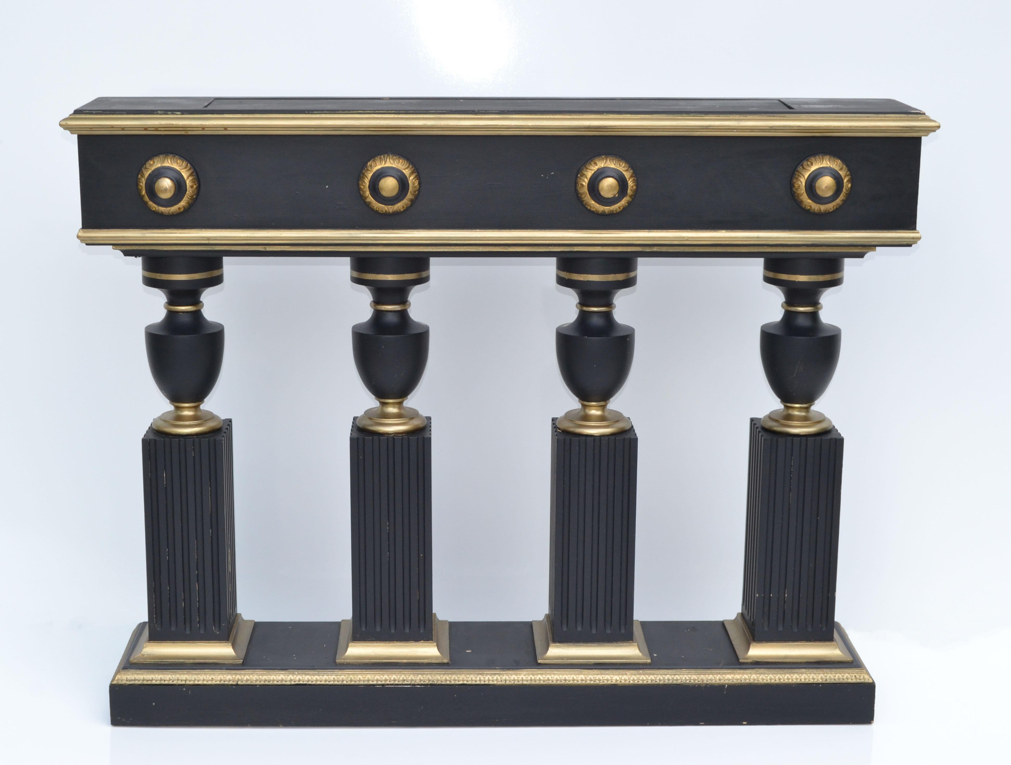 Maison Jansen Style Neoclassical Black & Gold Console Bronze Beveled Marble Top For Sale 8