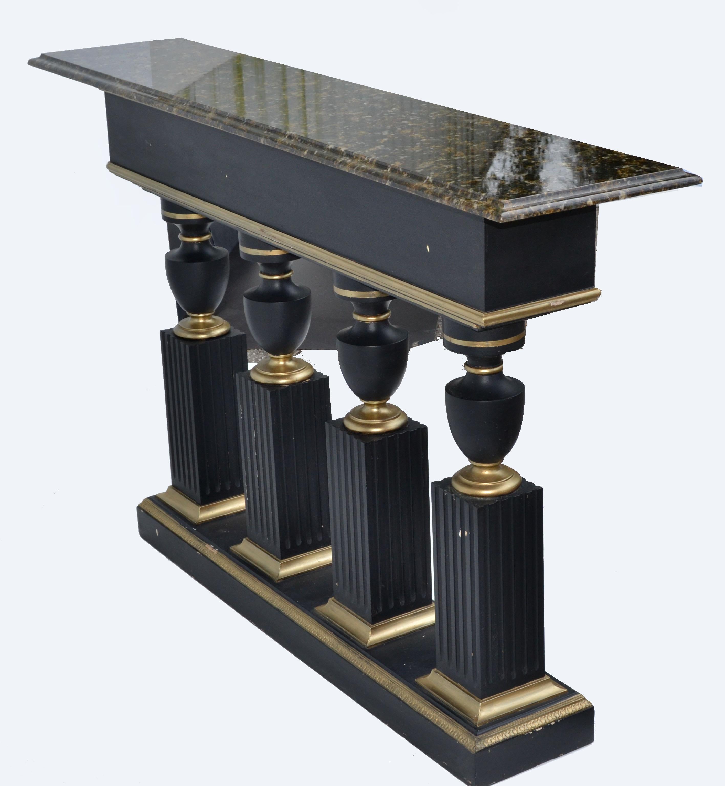 Maison Jansen Style Neoclassical Black & Gold Console Bronze Beveled Marble Top For Sale 9