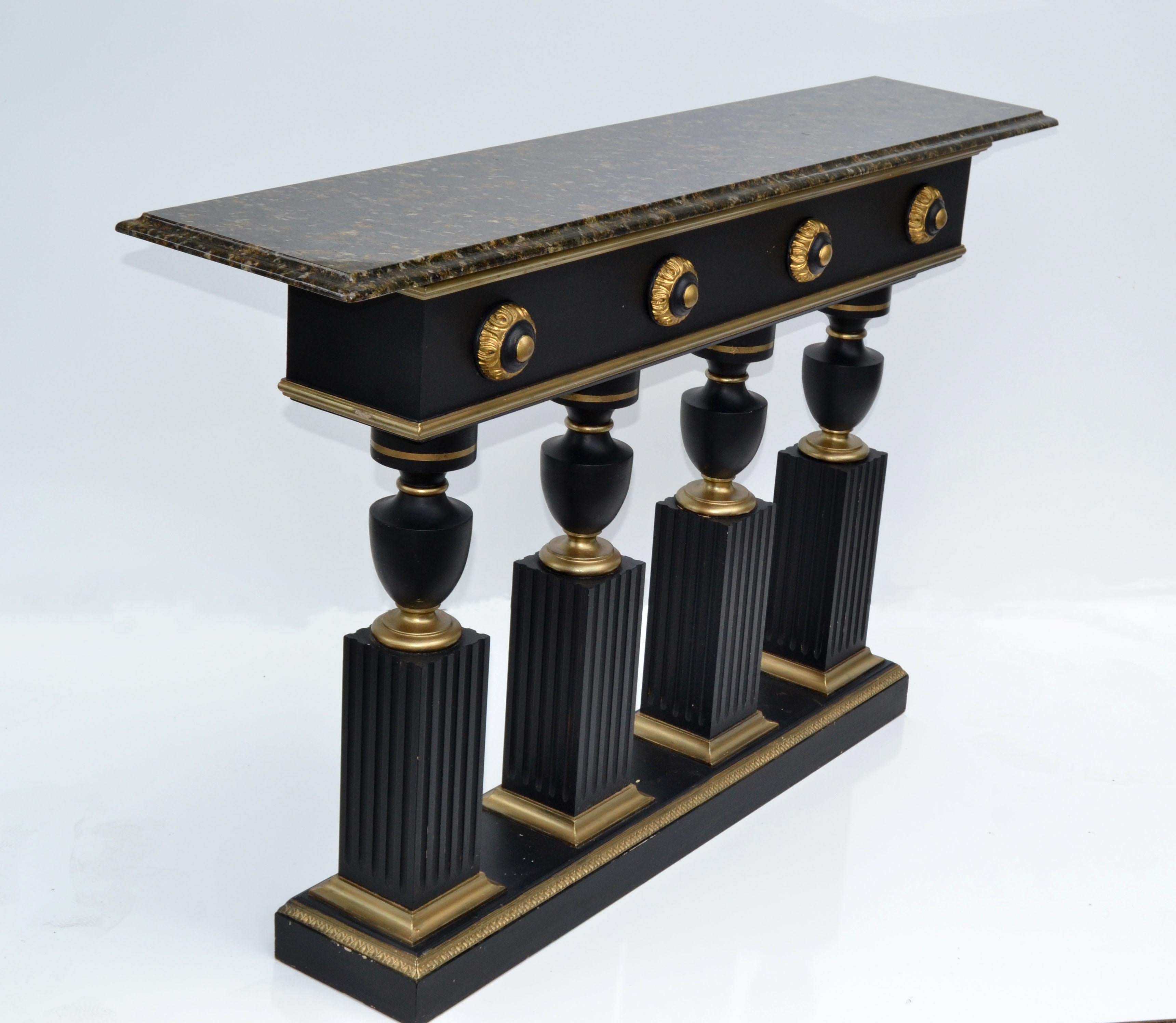 Maison Jansen Style Neoclassical Black & Gold Console Bronze Beveled Marble Top For Sale 10