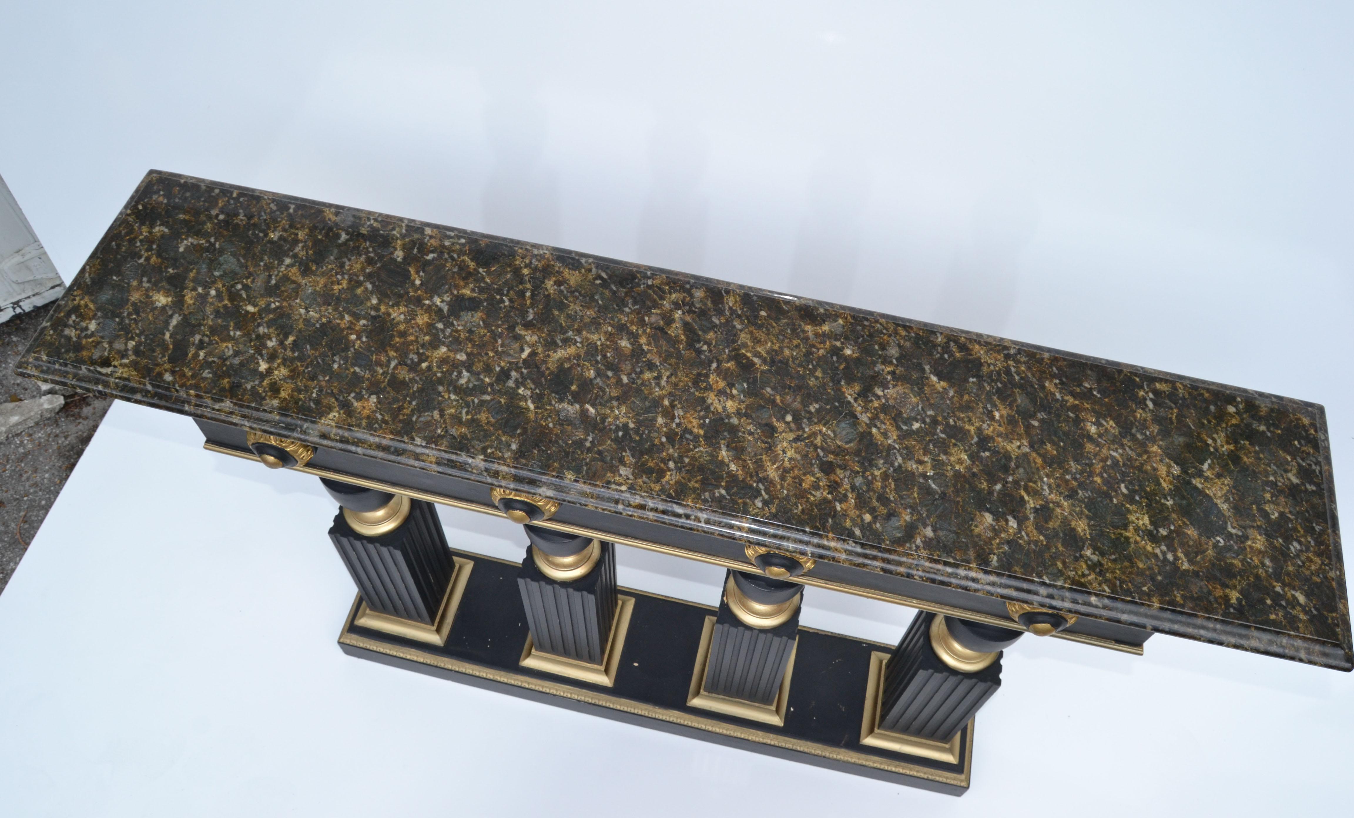 Maison Jansen Style Neoclassical Black & Gold Console Bronze Beveled Marble Top For Sale 11