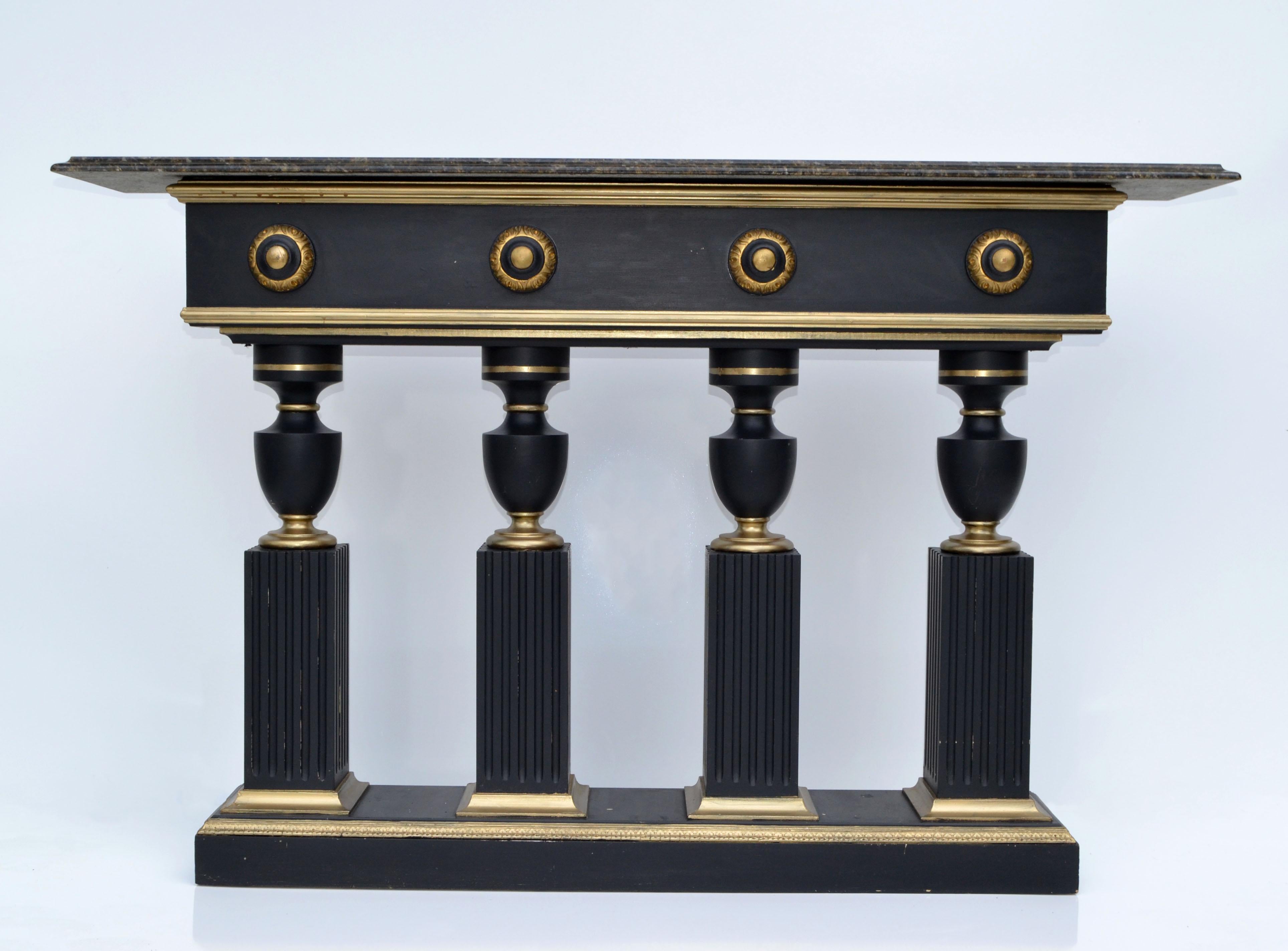 Maison Jansen Style Neoclassical Black & Gold Console Bronze Beveled Marble Top For Sale 12