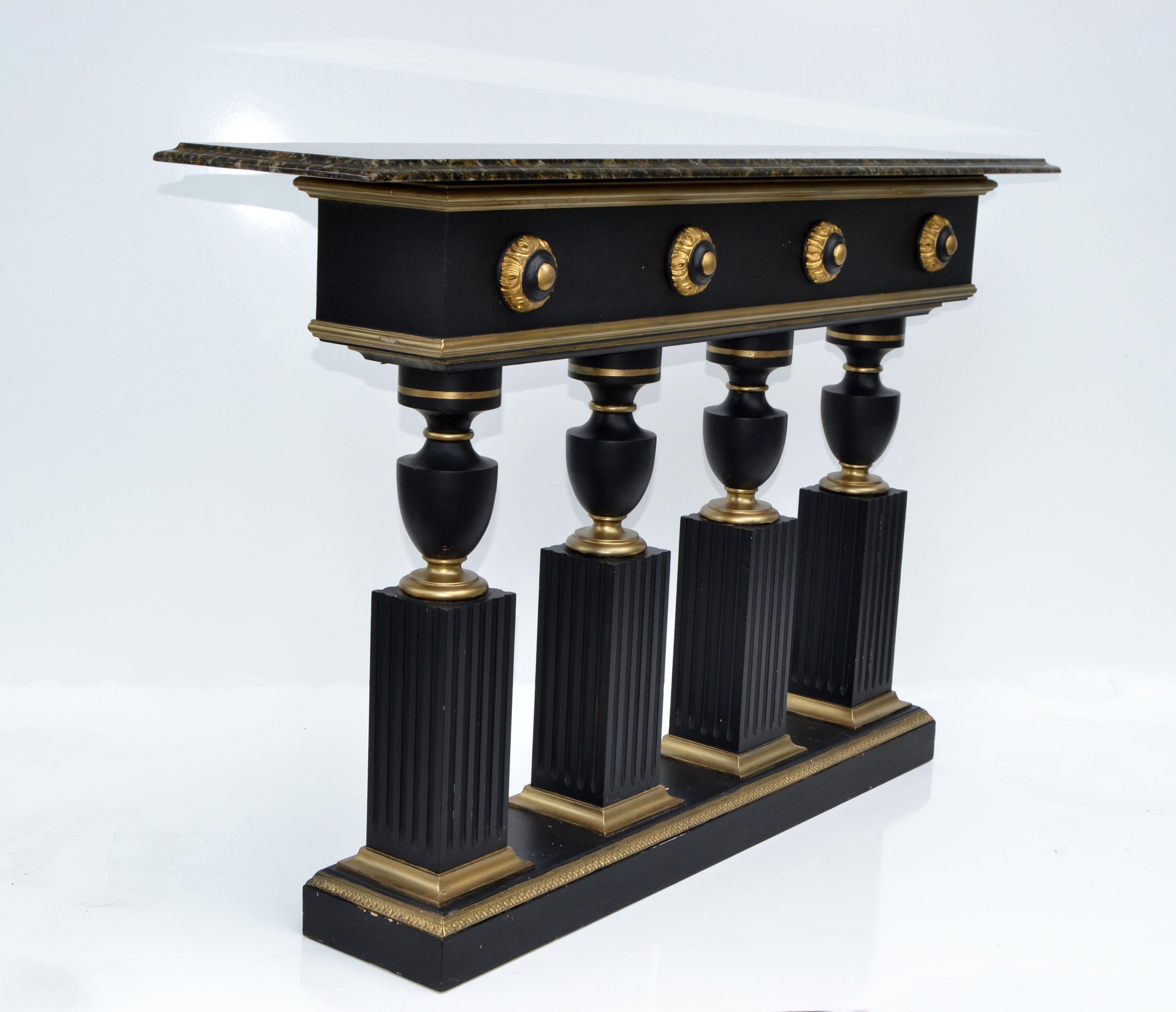 French Maison Jansen Style Neoclassical Black & Gold Console Bronze Beveled Marble Top For Sale