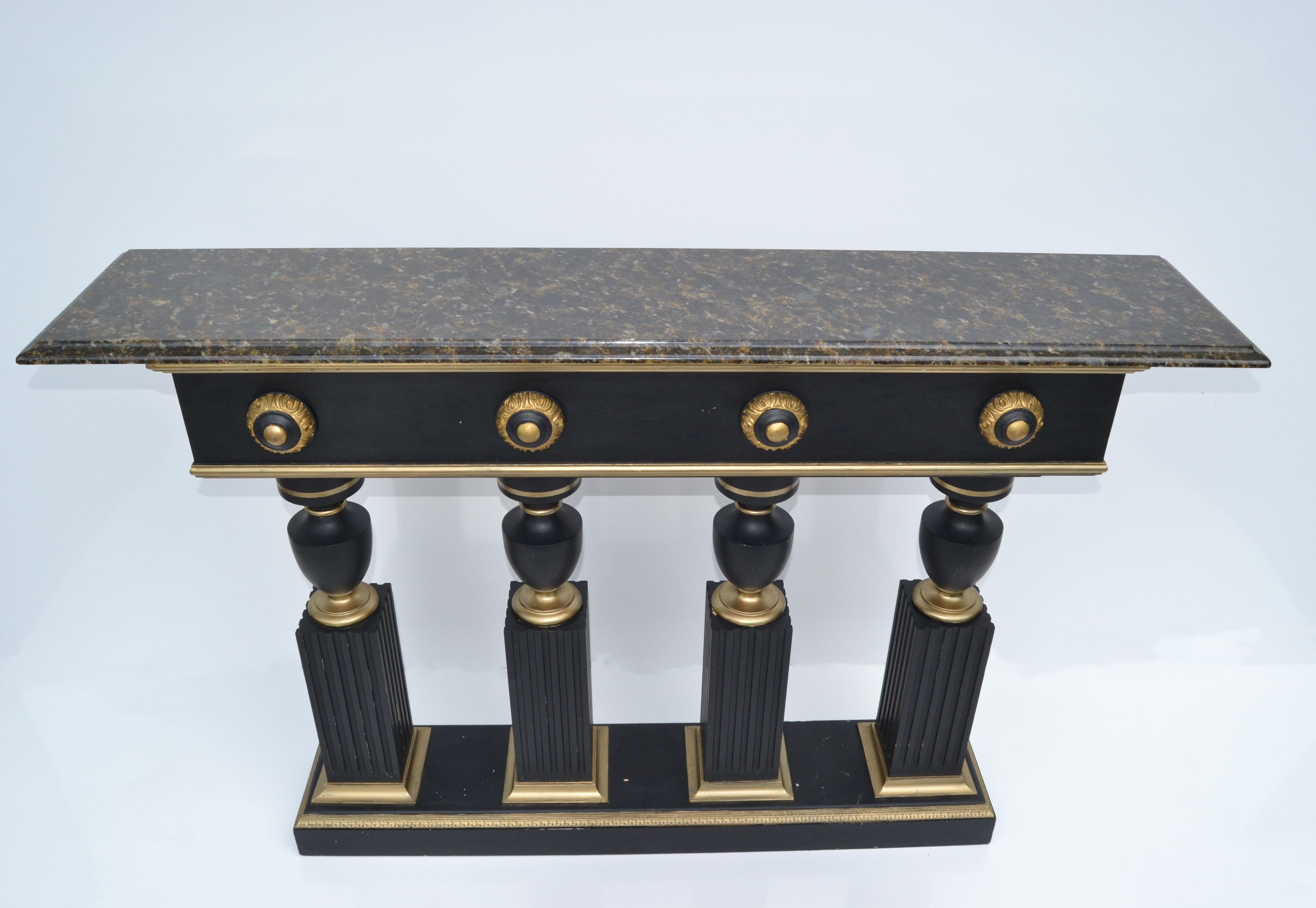 Wood Maison Jansen Style Neoclassical Black & Gold Console Bronze Beveled Marble Top For Sale