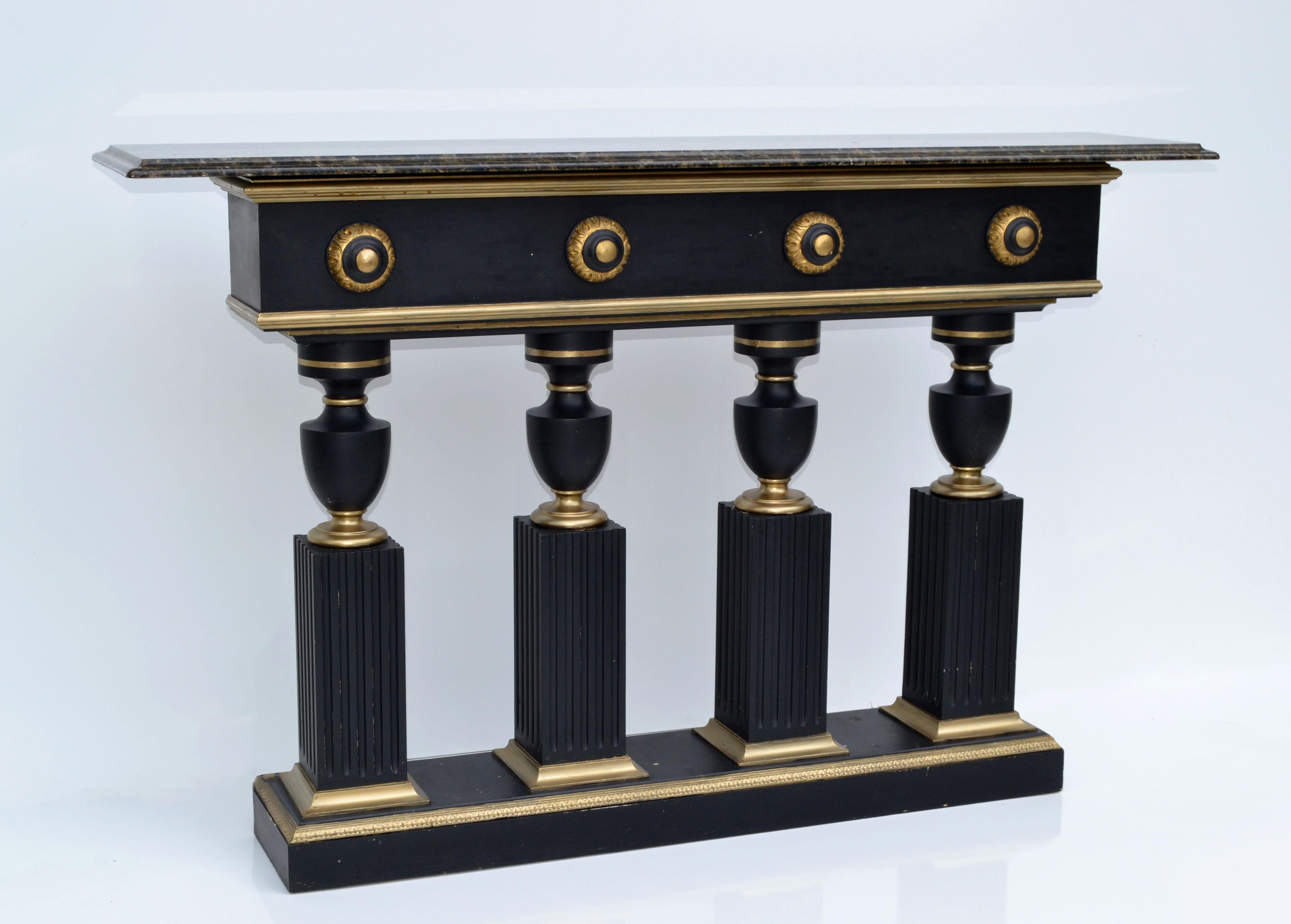 Maison Jansen Style Neoclassical Black & Gold Console Bronze Beveled Marble Top For Sale 1