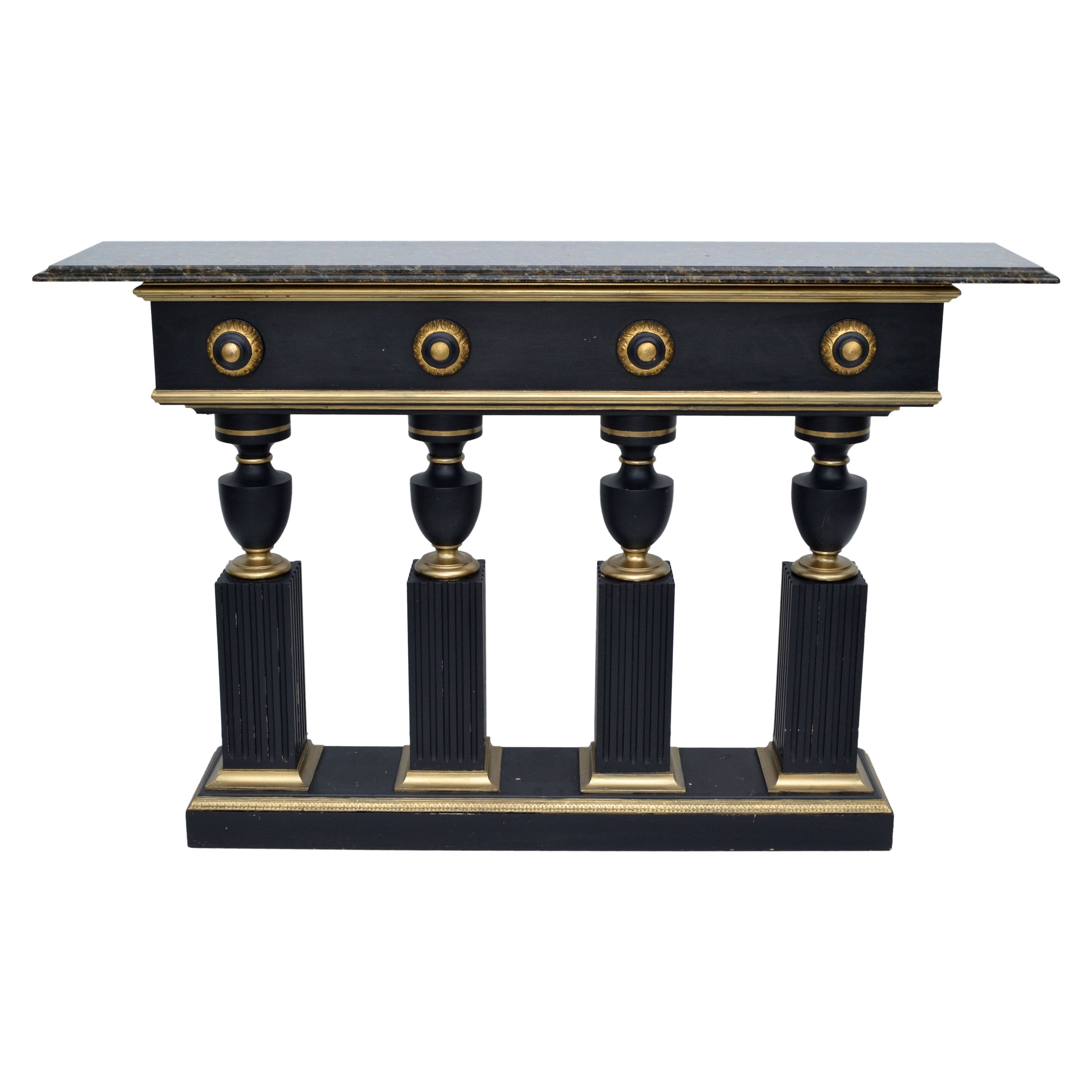 Console in stile neoclassico nero e oro della Maison Jansen con piano in marmo smussato in bronzo