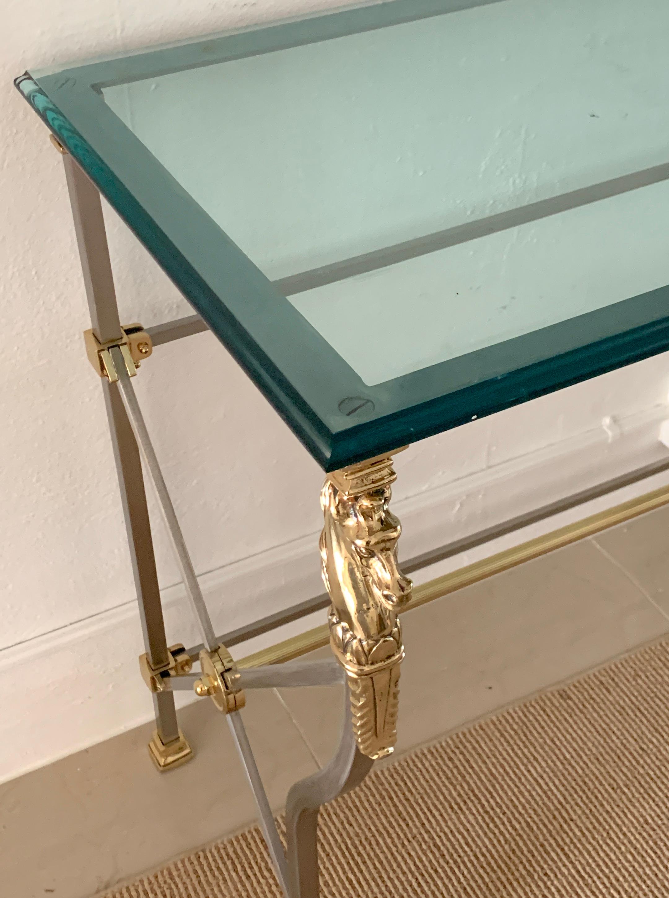 French Maison Jansen Style Neoclassical Brass, Steel & Glass Console, France, C 1960