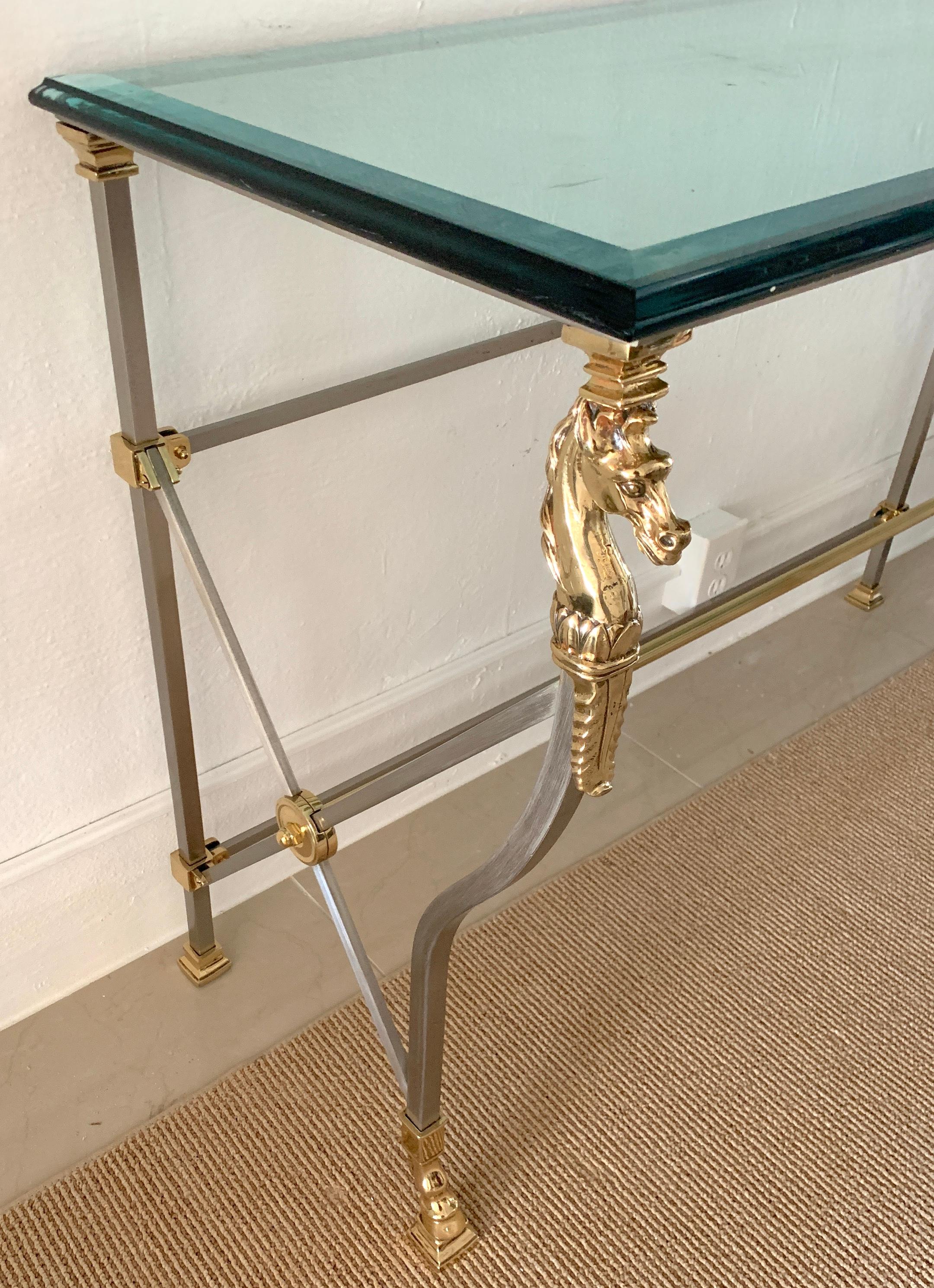 Polished Maison Jansen Style Neoclassical Brass, Steel & Glass Console, France, C 1960