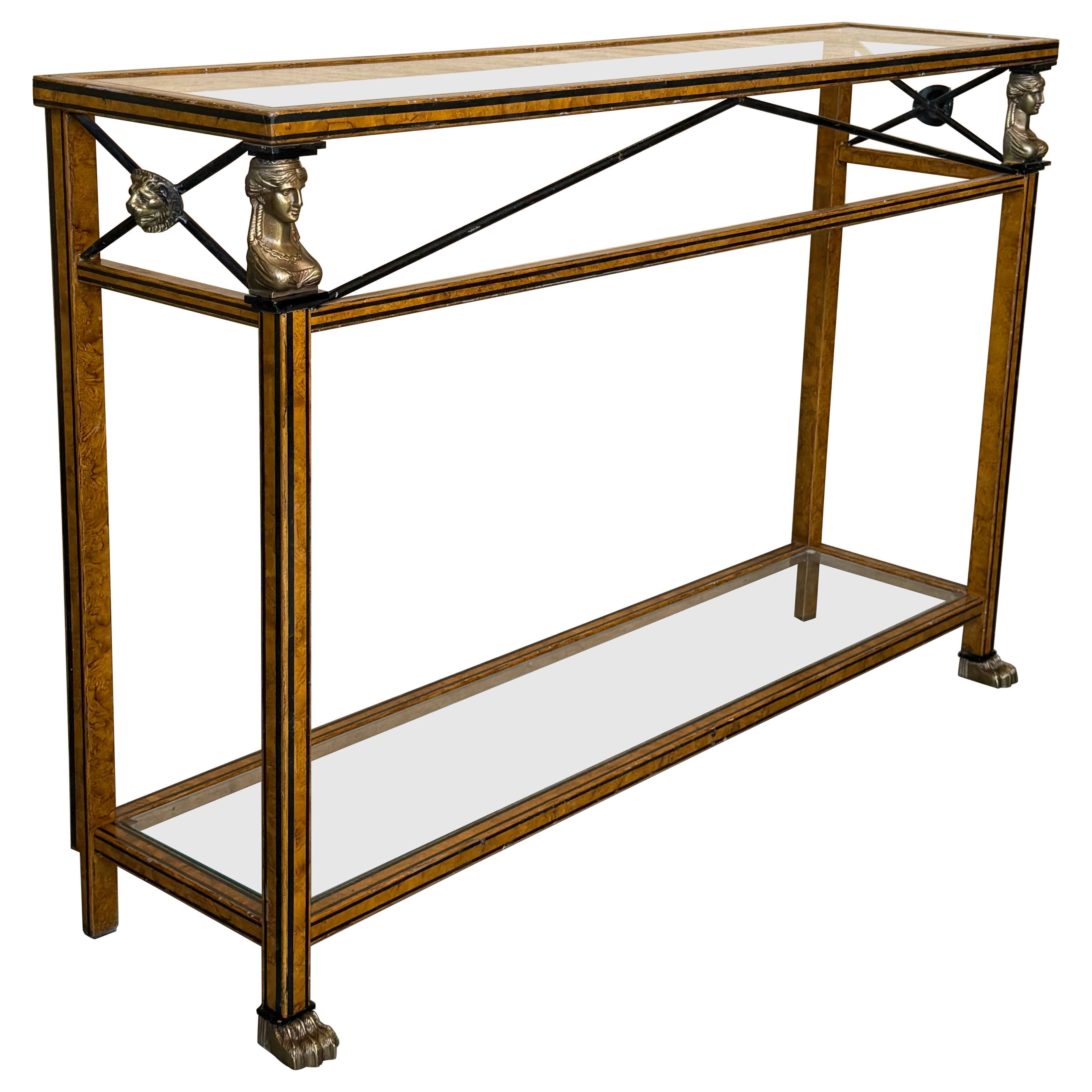 Maison Jansen Style Neoclassical Brass, Steel & Glass Console, France, C 1960