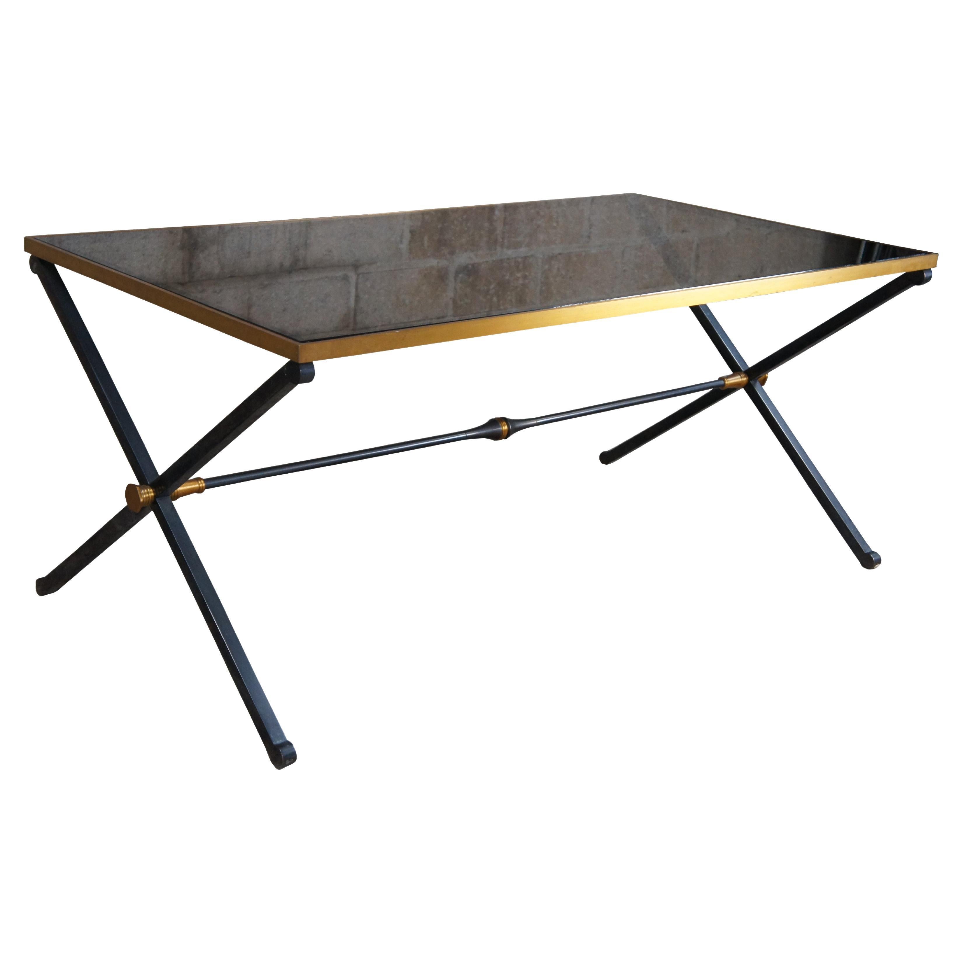 Maison Jansen Style Neoclassical Modern Steel Smoked Glass Coffee Cocktail Table For Sale