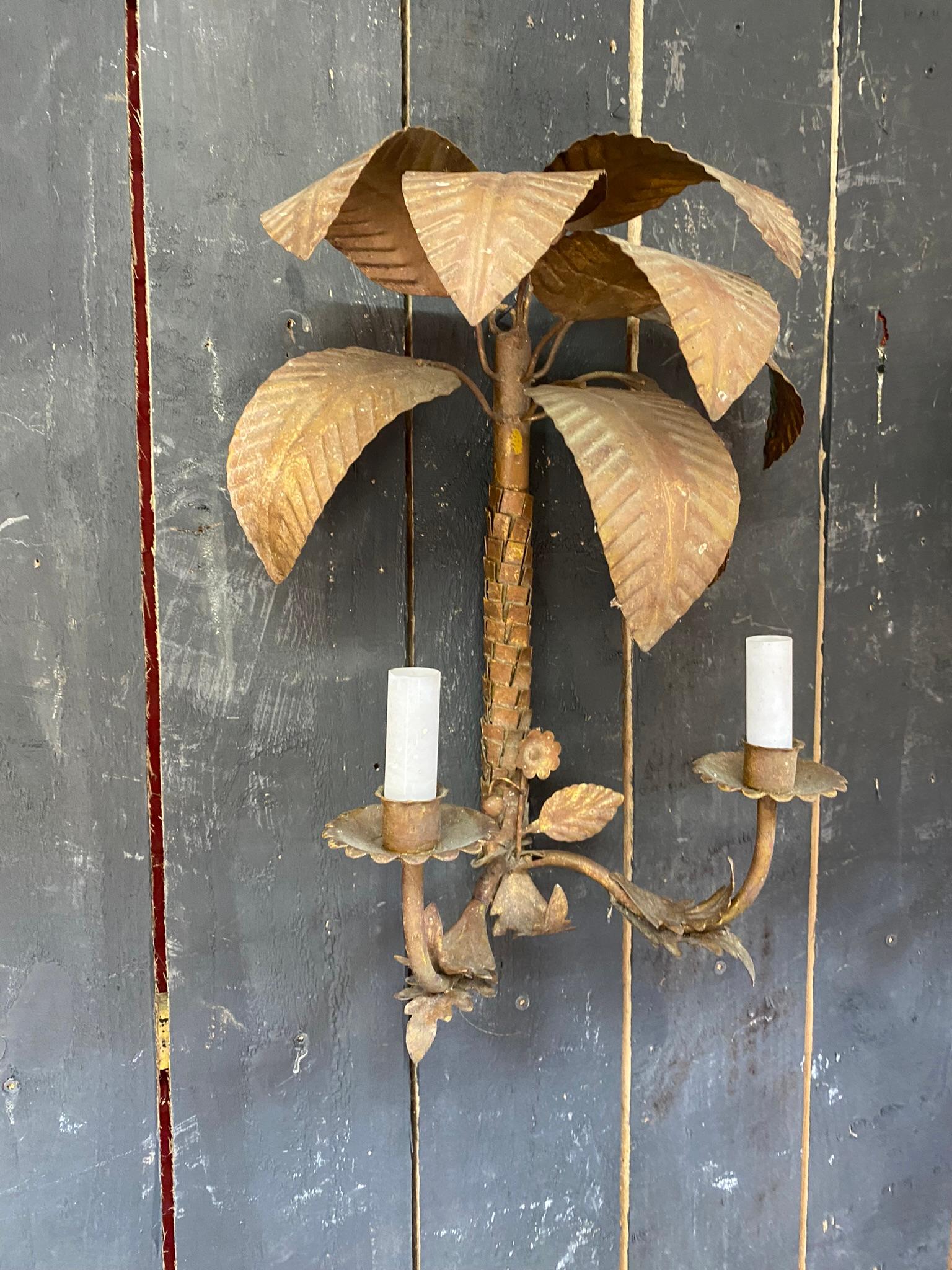 Metal MAISON JANSEN (style of) pair of lamps in gilded metal with palm tree decoration