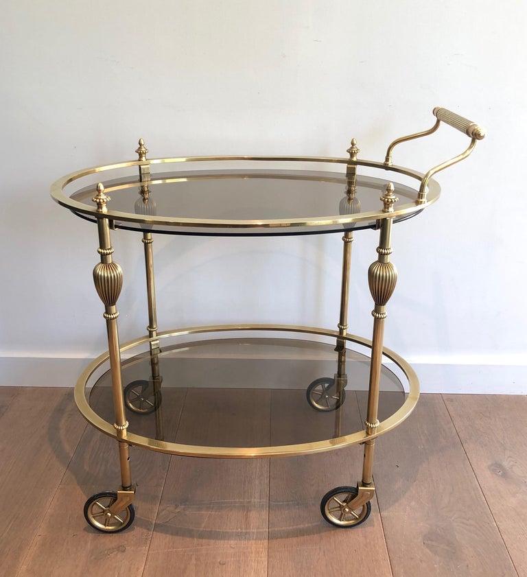 Maison Jansen Style Ovale Brass Bar Cart with Smoked Glass Shelves For Sale 12
