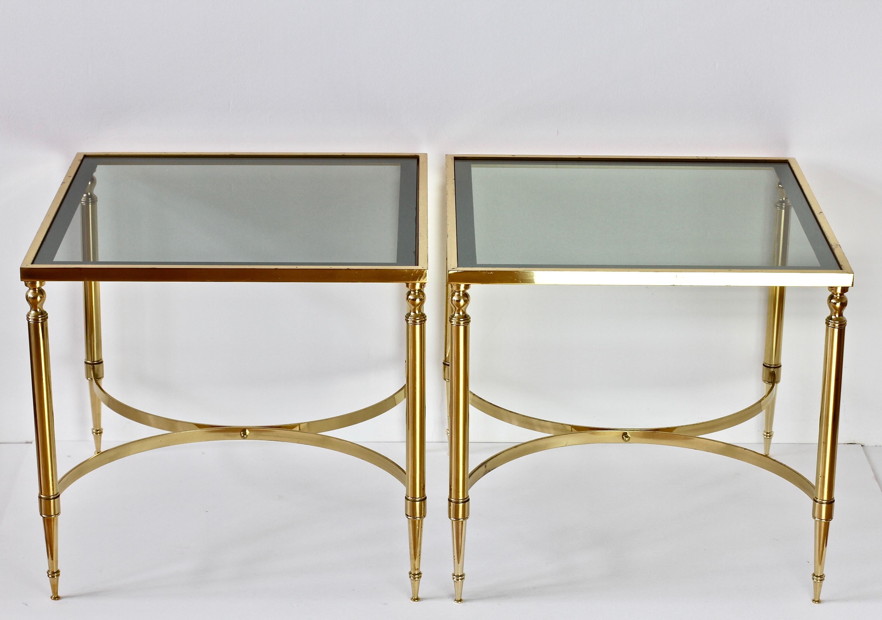 Maison Jansen Style Pair of French Brass & Glass Side / End Tables / Nightstands 4