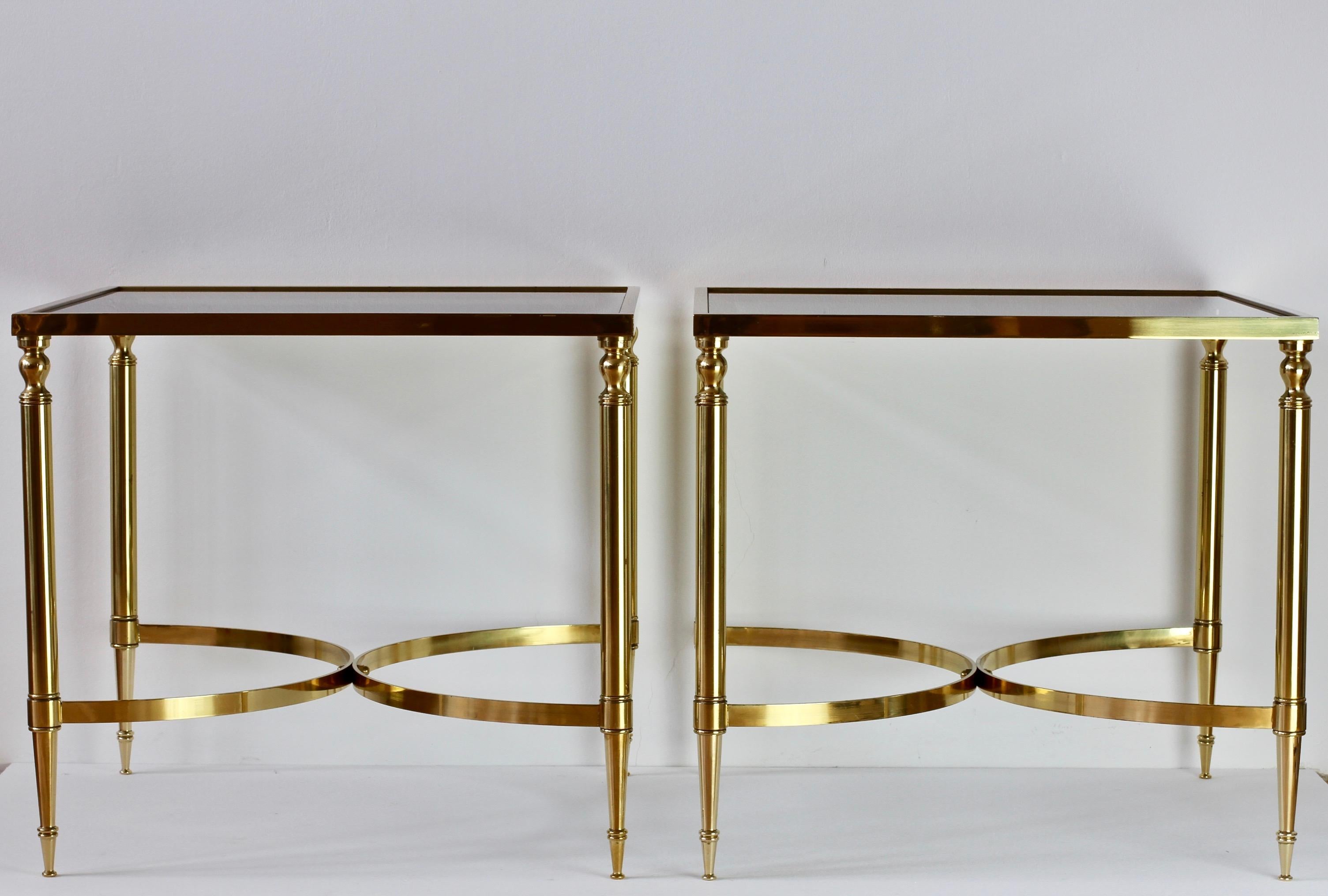 Maison Jansen Style Pair of French Brass & Glass Side / End Tables / Nightstands 5