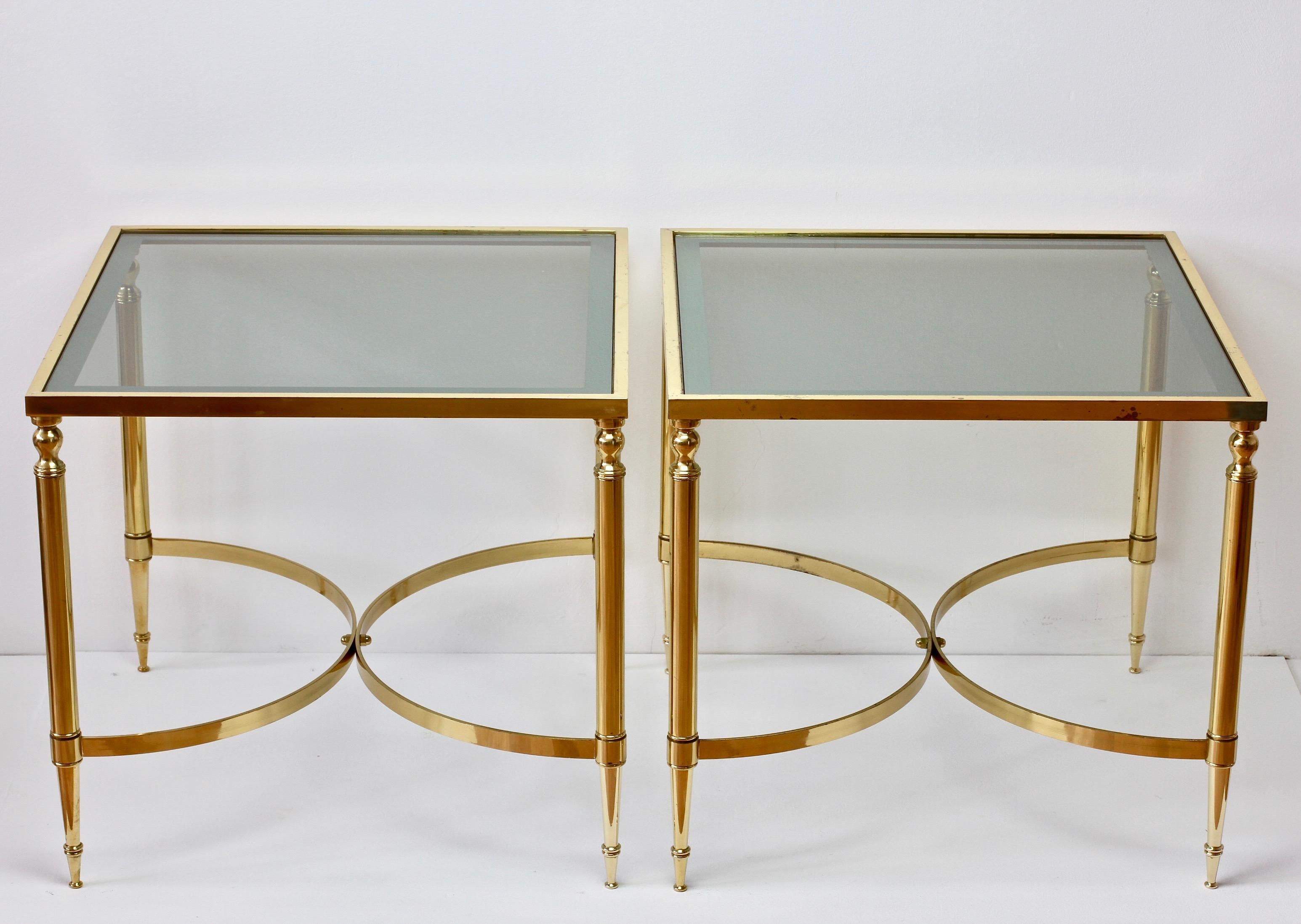 Mid-Century Modern Maison Jansen Style Pair of French Brass & Glass Side / End Tables / Nightstands