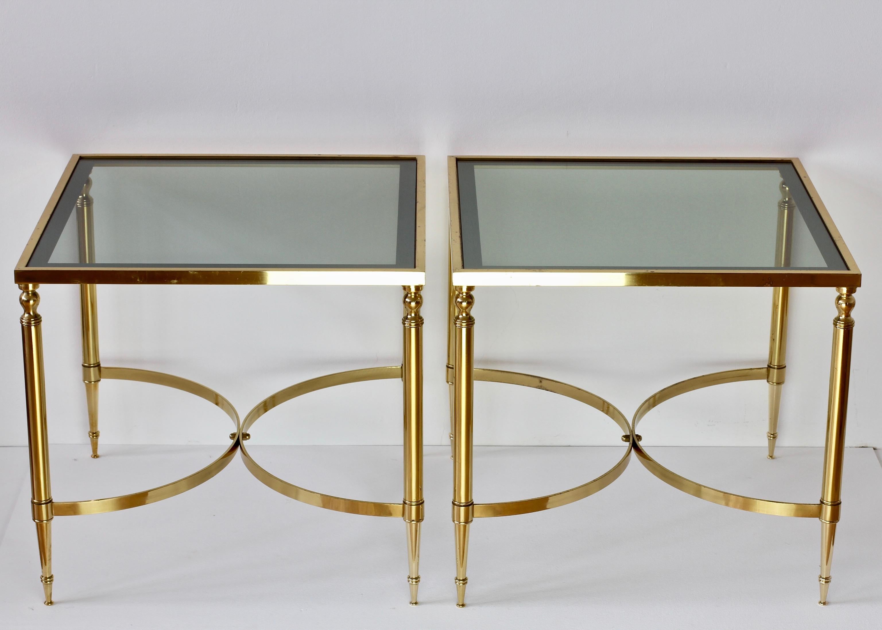 Polished Maison Jansen Style Pair of French Brass & Glass Side / End Tables / Nightstands