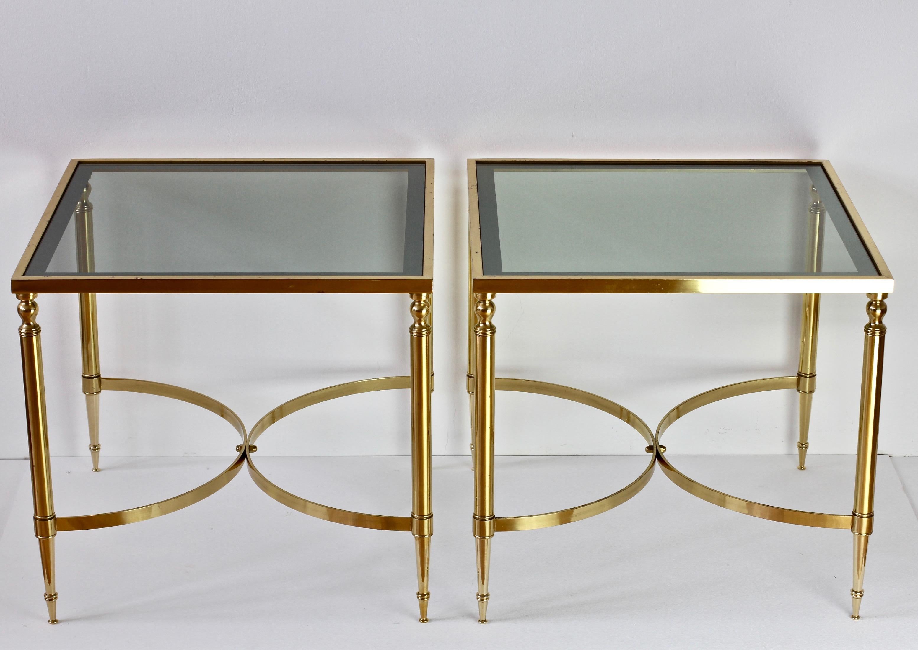 20th Century Maison Jansen Style Pair of French Brass & Glass Side / End Tables / Nightstands