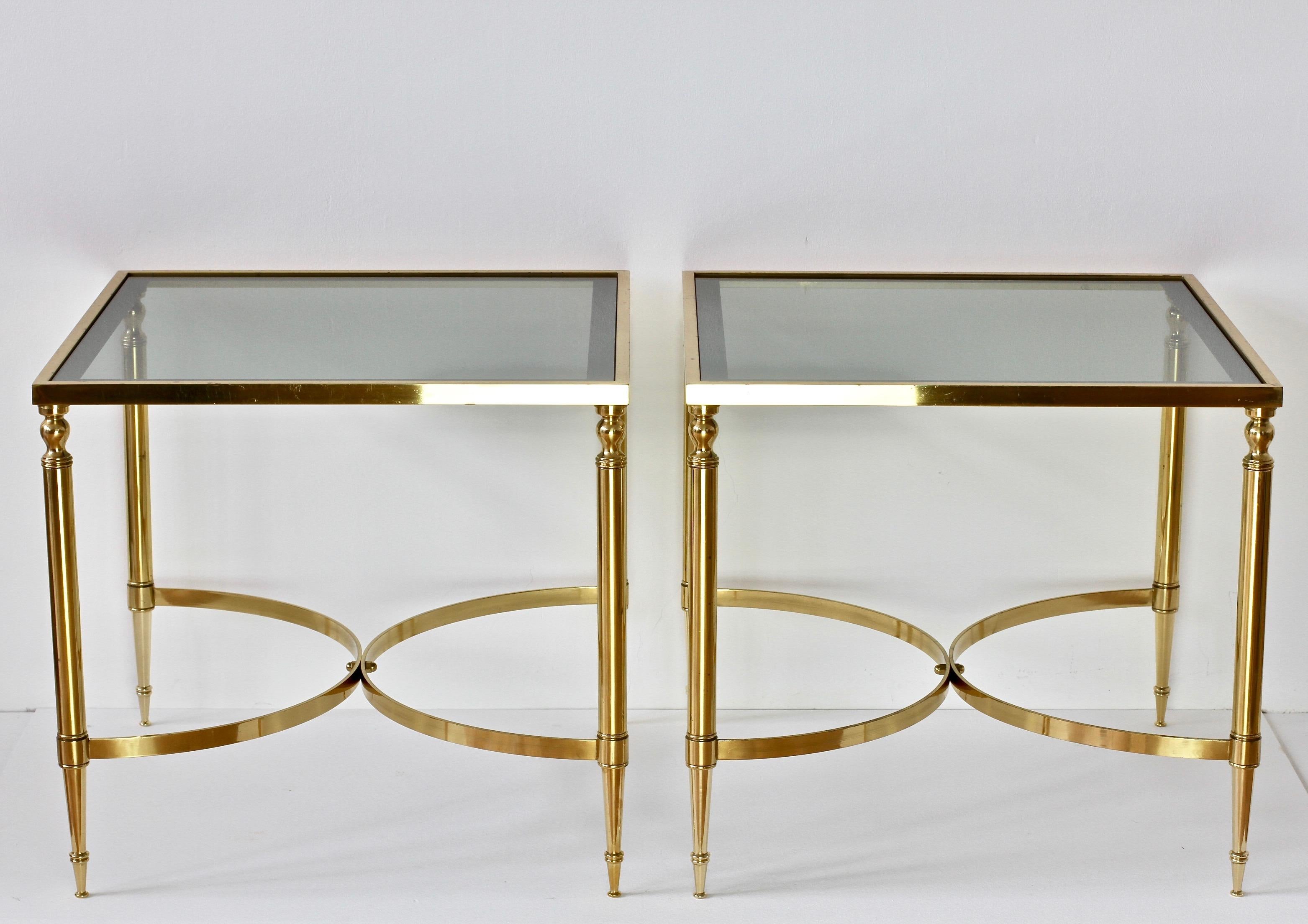 Maison Jansen Style Pair of French Brass & Glass Side / End Tables / Nightstands 2