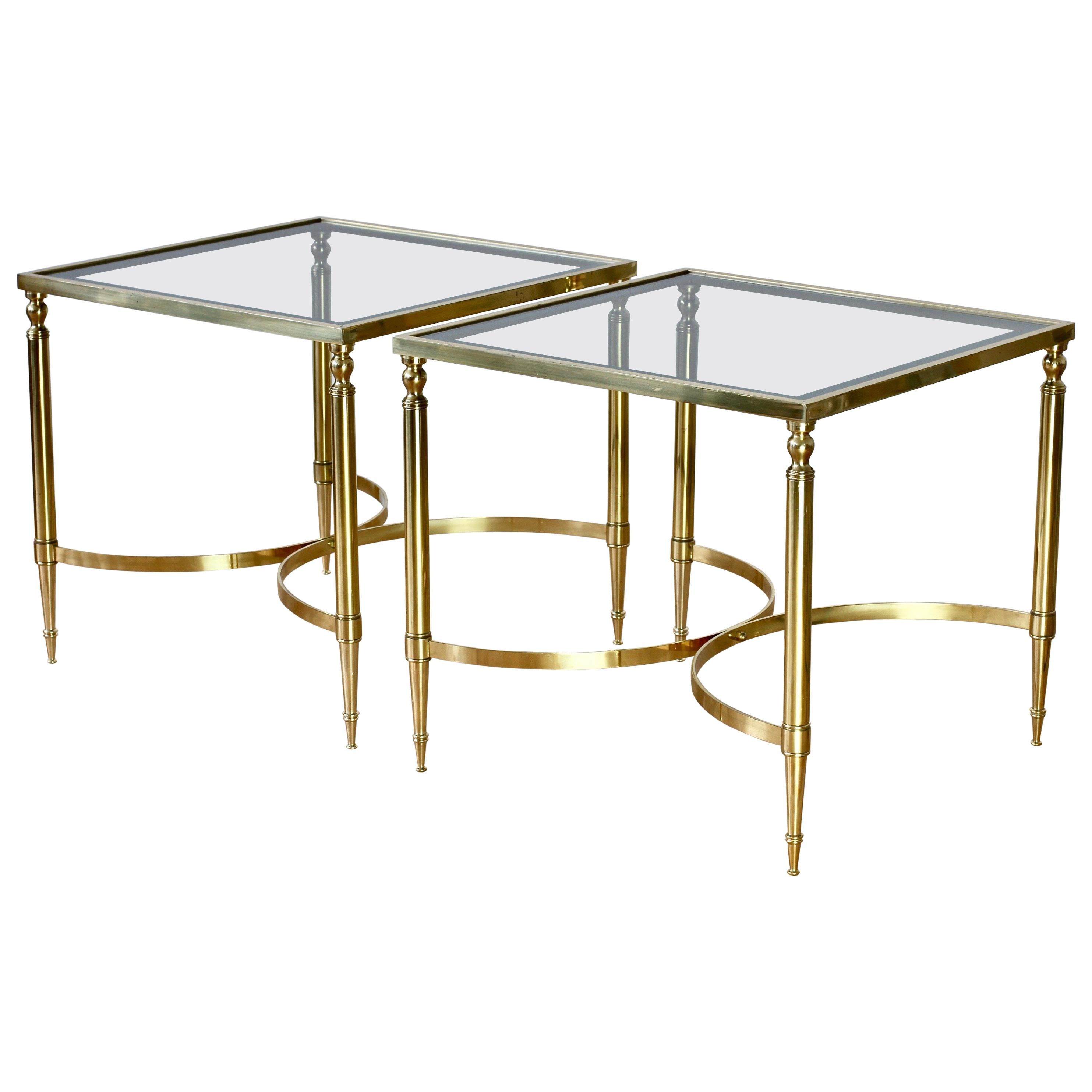 Maison Jansen Style Pair of French Brass & Glass Side / End Tables / Nightstands