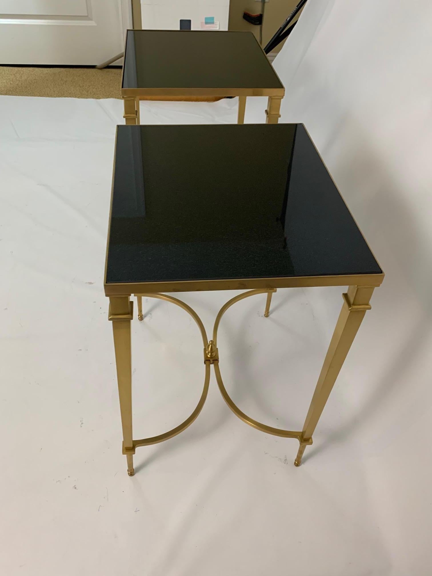 North American Maison Jansen Style Pair of Sophisticated Brass & Black Granite End Tables
