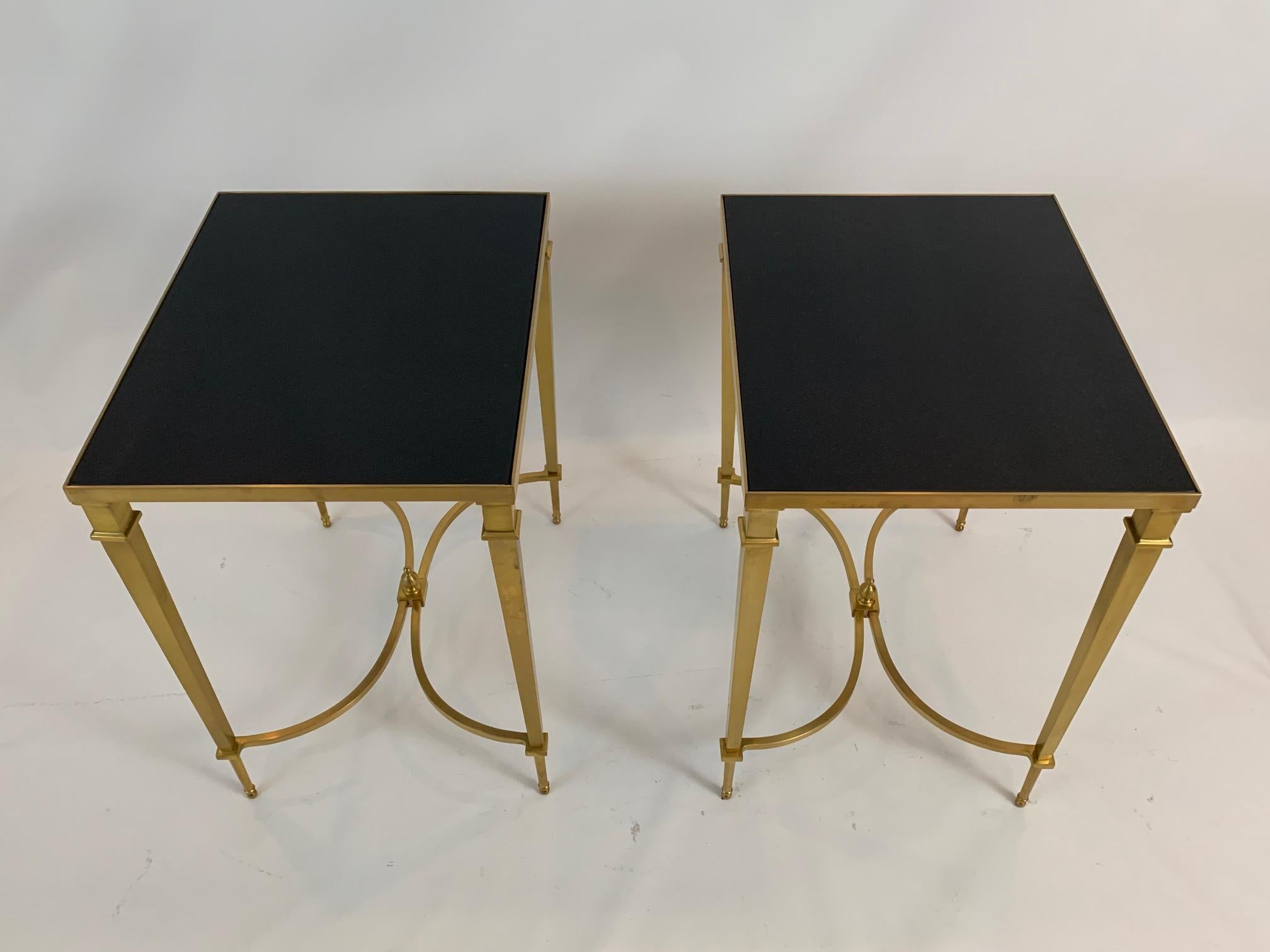 Maison Jansen Style Pair of Sophisticated Brass & Black Granite End Tables In Good Condition In Hopewell, NJ