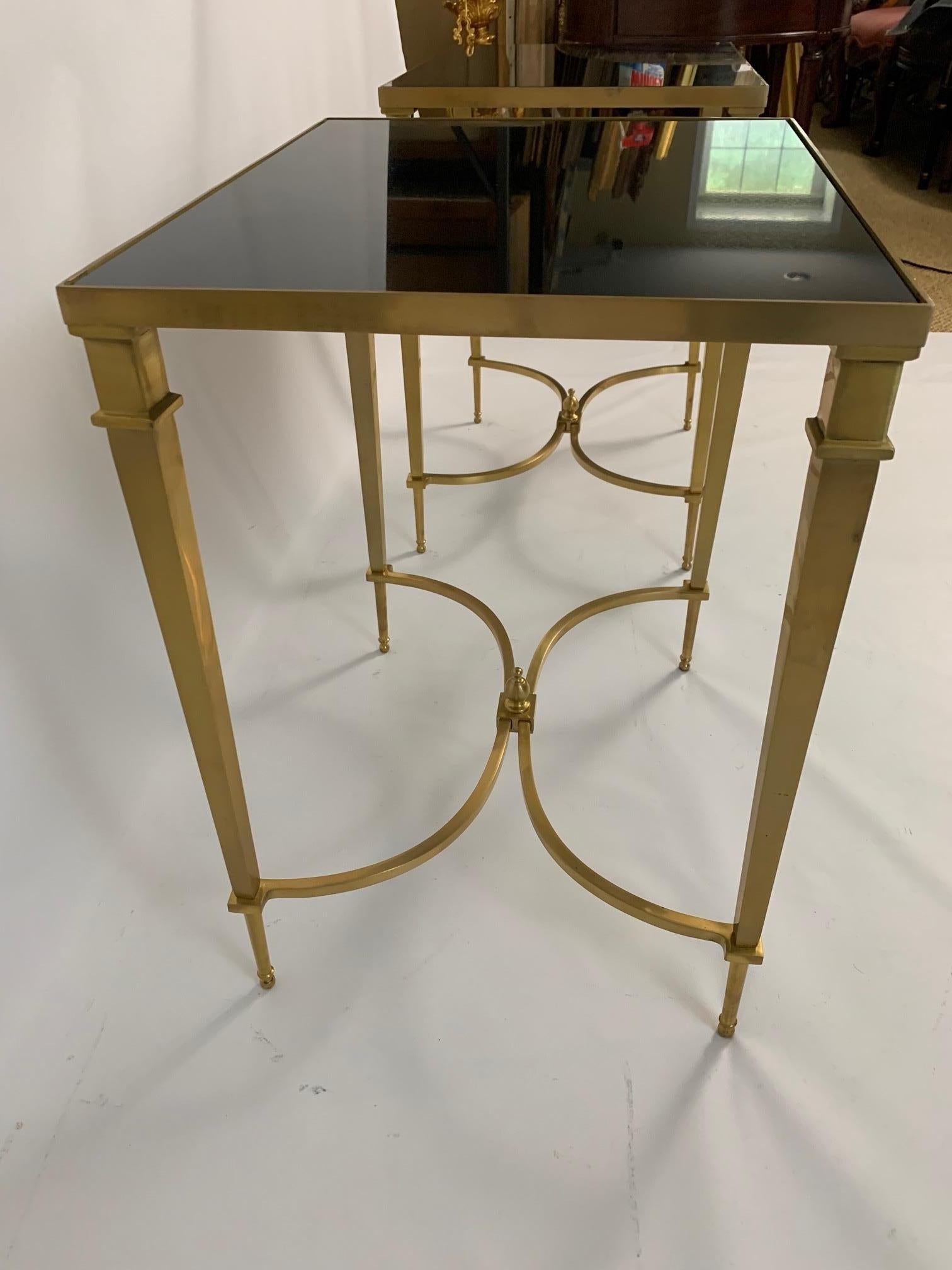 Contemporary Maison Jansen Style Pair of Sophisticated Brass & Black Granite End Tables