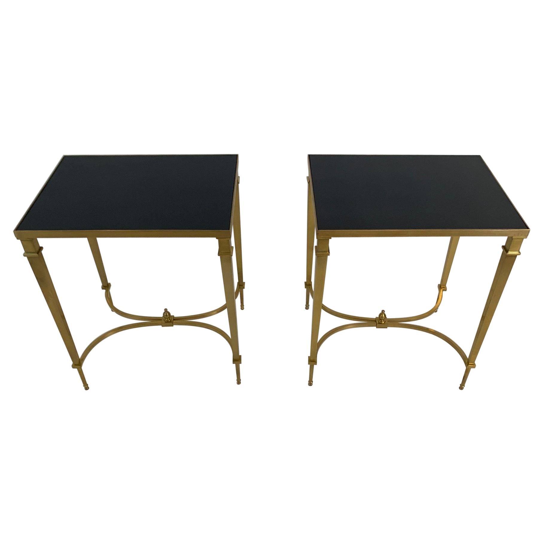 Maison Jansen Style Pair of Sophisticated Brass & Black Granite End Tables