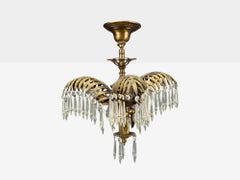 Maison Jansen Style, Palm Leaf Chandelier, Gilt Bronze, Crystal, France, 1940s