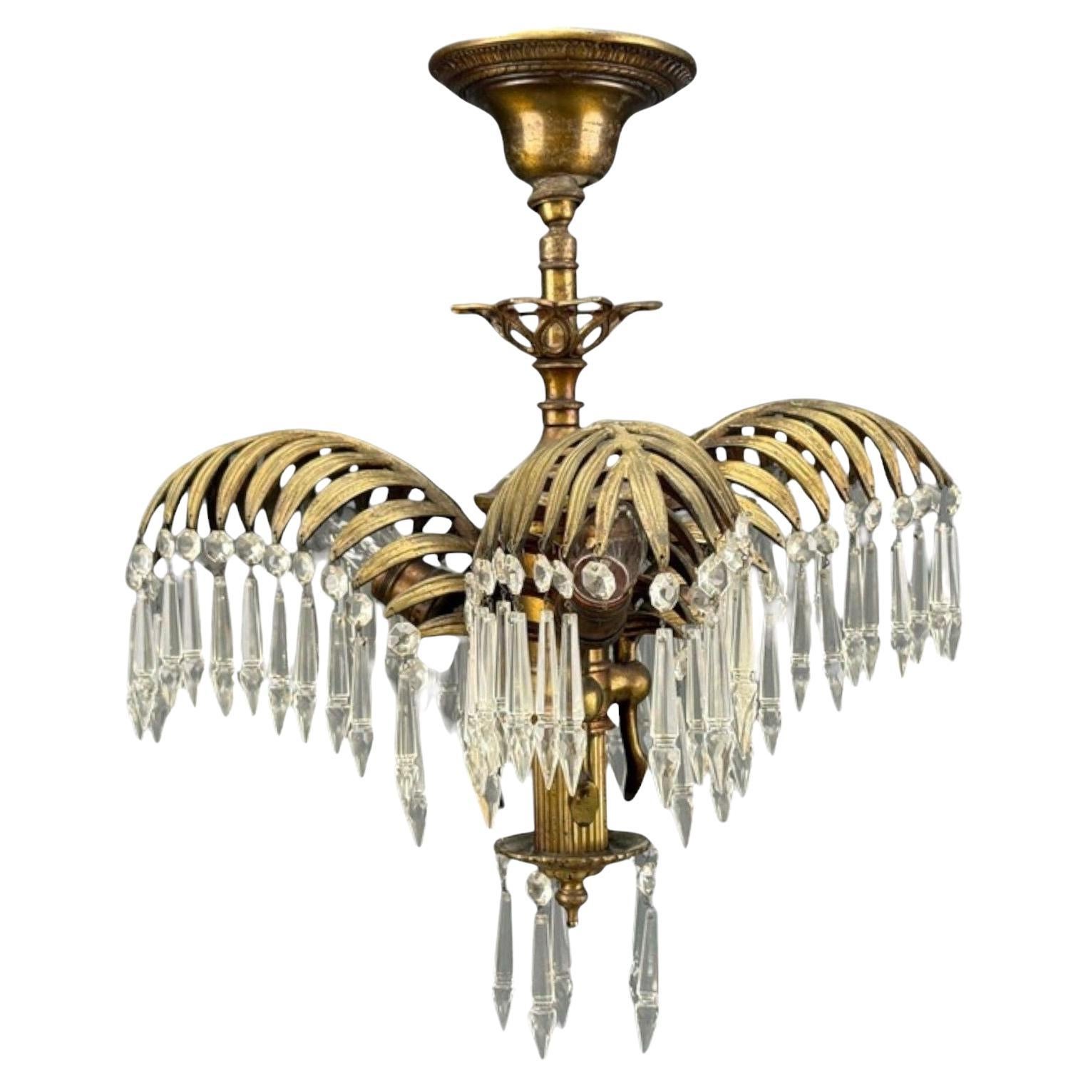 Estilo Maison Jansen, Araña de hojas de palmera, Bronce dorado, Cristal, Francia, Década de 1940 en venta