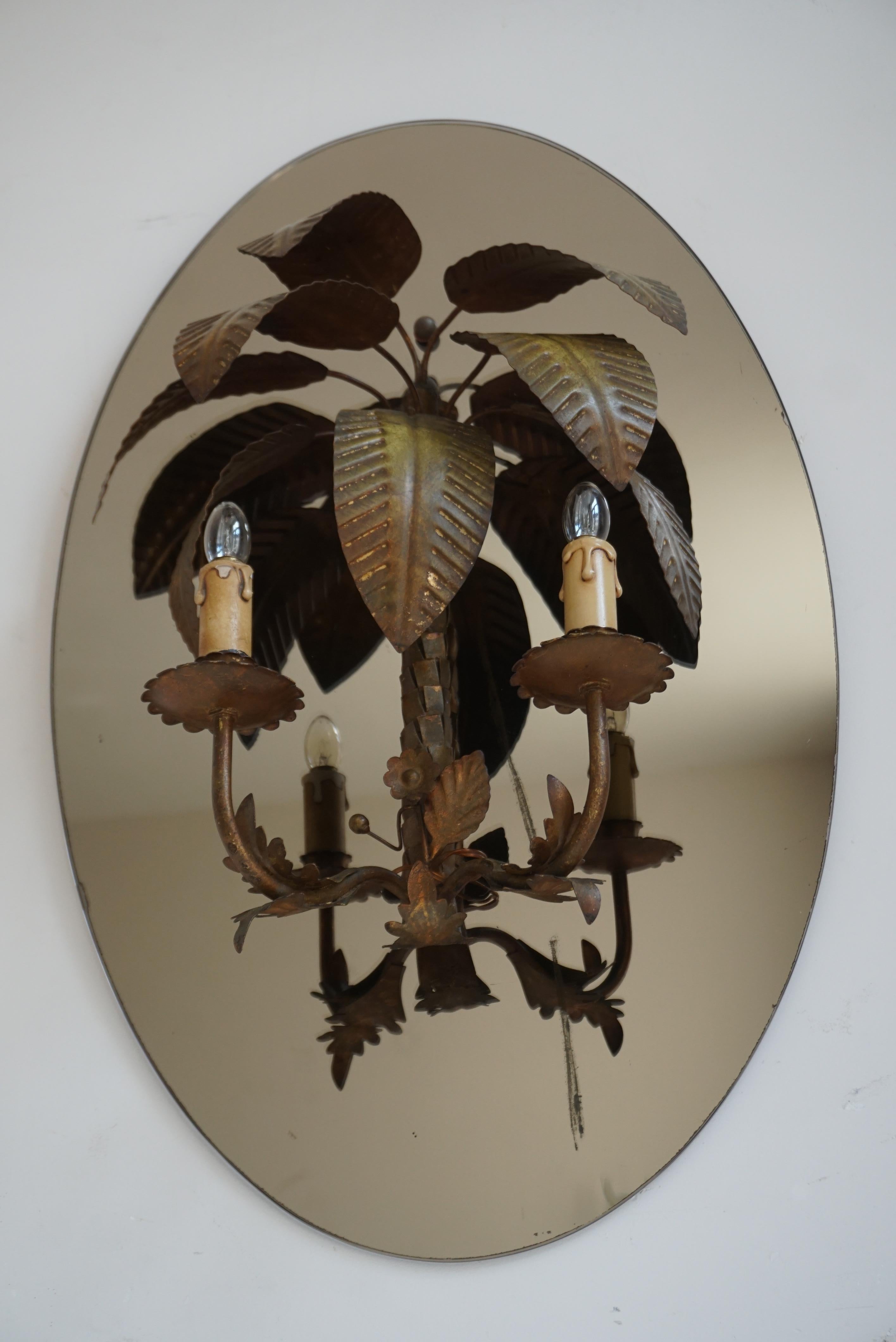 Hollywood Regency Maison Jansen Style Palm Tree Wall Light / Sconces 1970 Brass Bamboo Regency For Sale