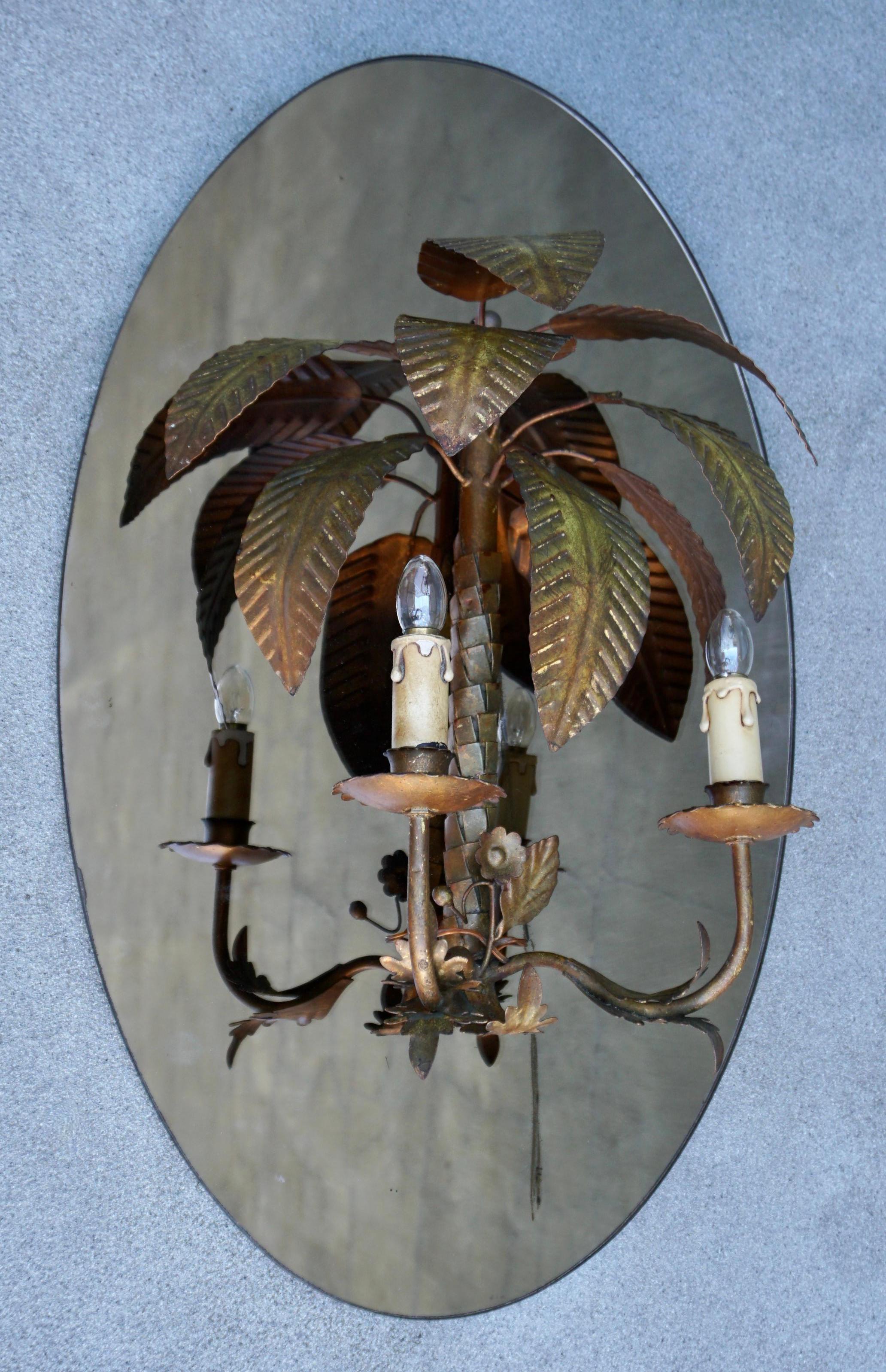 Italian Maison Jansen Style Palm Tree Wall Light / Sconces 1970 Brass Bamboo Regency For Sale