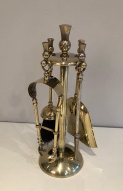 Maison Jansen Style, Pineapple Brass Low Fire Place Tools on Stand, circa 1970