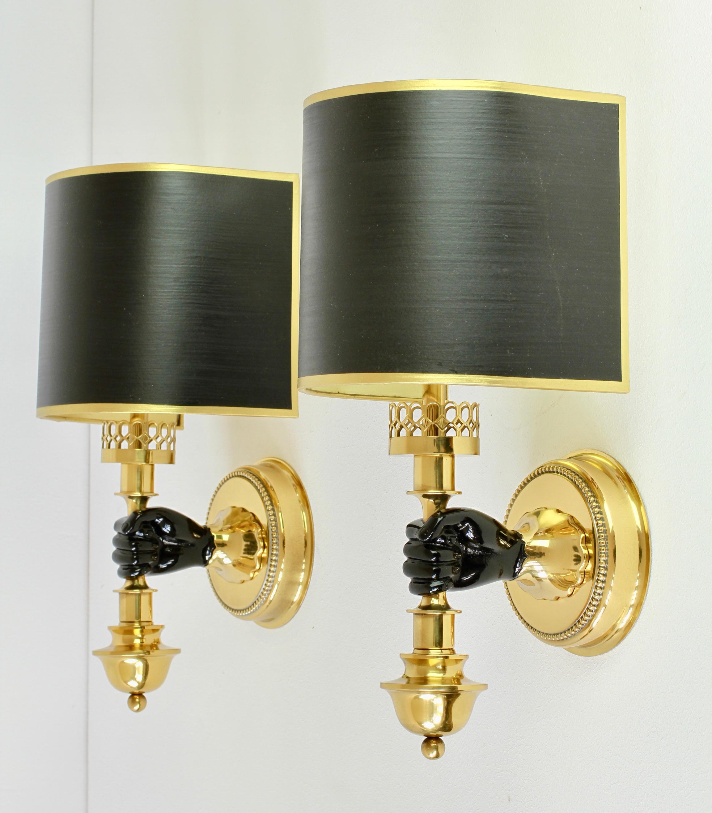 German Maison Jansen Style Polished Brass Sconces by Vereinigte Werkstätten München For Sale