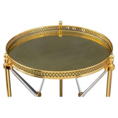 Maison Jansen Style Polished Steel & Brass Galleried Glass Top Side Tables
