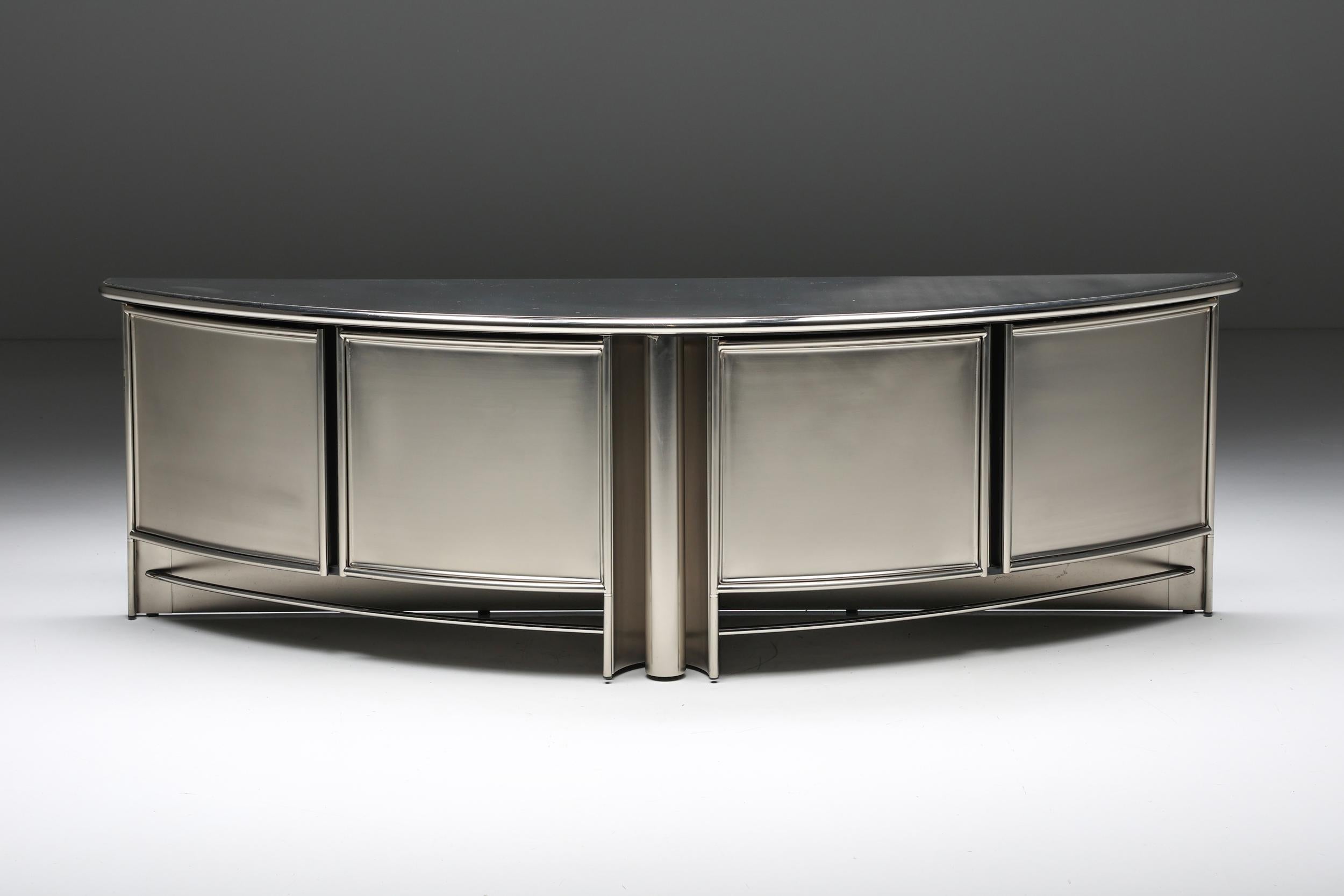 Maison Jansen; Post-Modern; Postmodern; Stainless Steel; Curved; Credenza; Cabinet; Storage; Storing Space; Hollywood Regency; Geometric; France; Romeo Rega; Willy Rizzo; Wall Piece;

A rare post-modern stainless steel curved credenza in the style