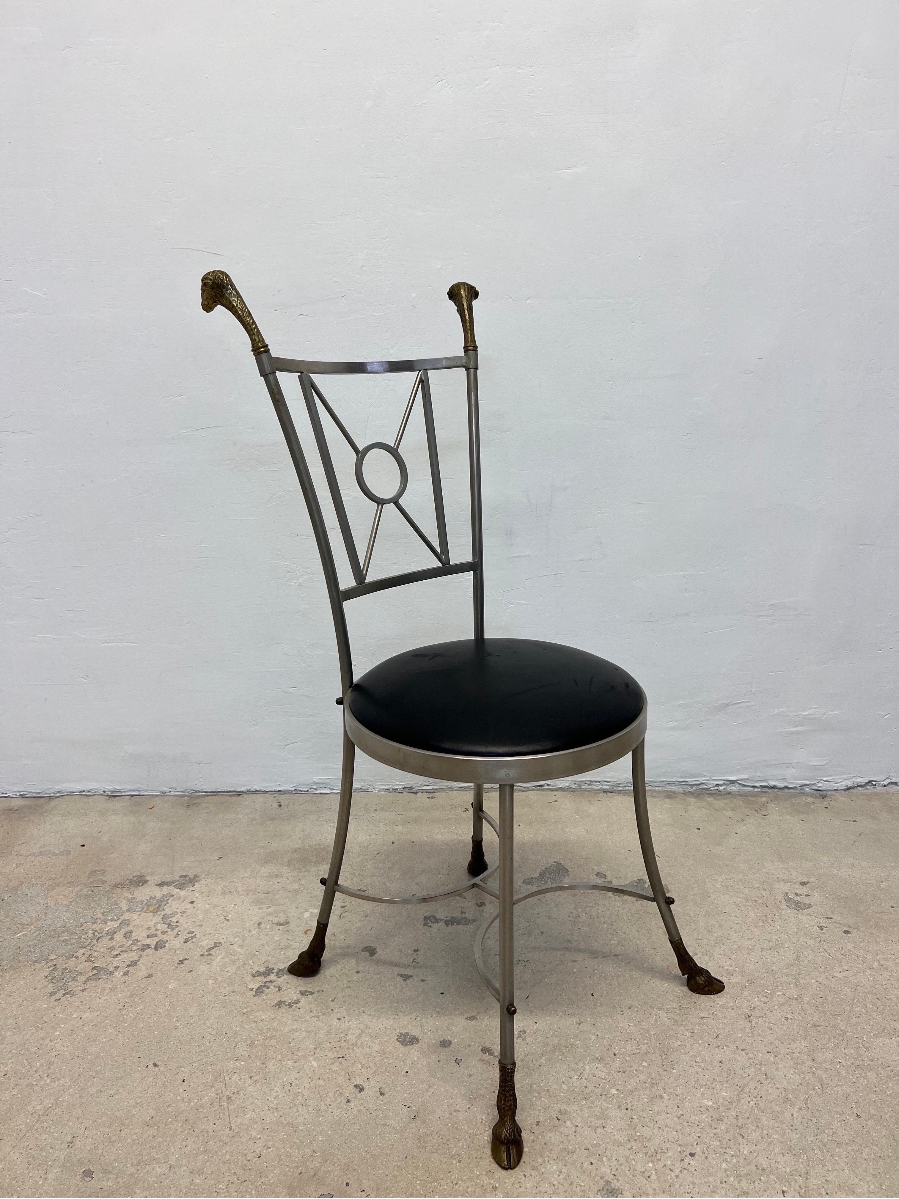 Neoclassical Maison Jansen Style Rams Head and Steel Chair with Leather Seat