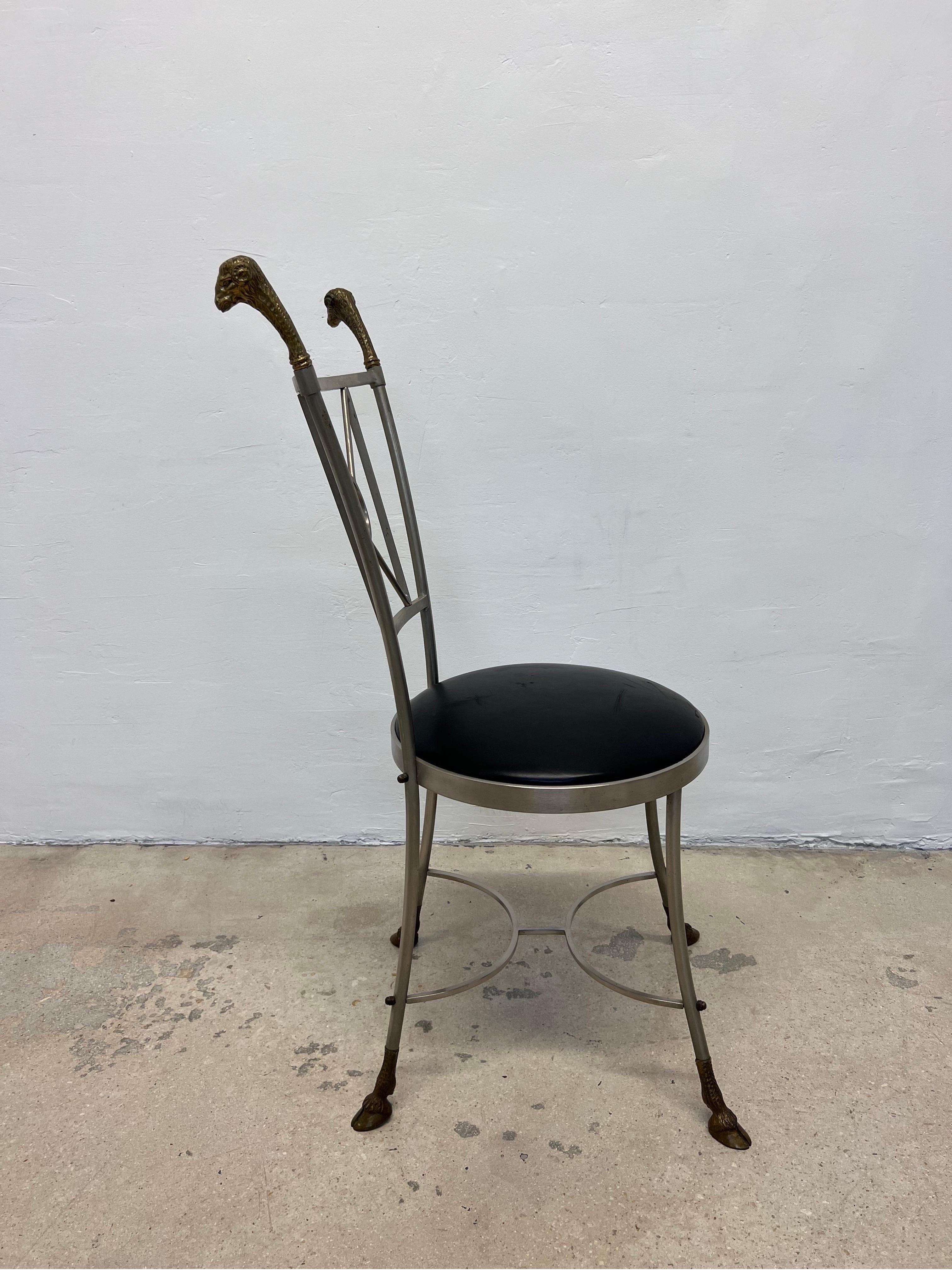 Italian Maison Jansen Style Rams Head and Steel Chair with Leather Seat