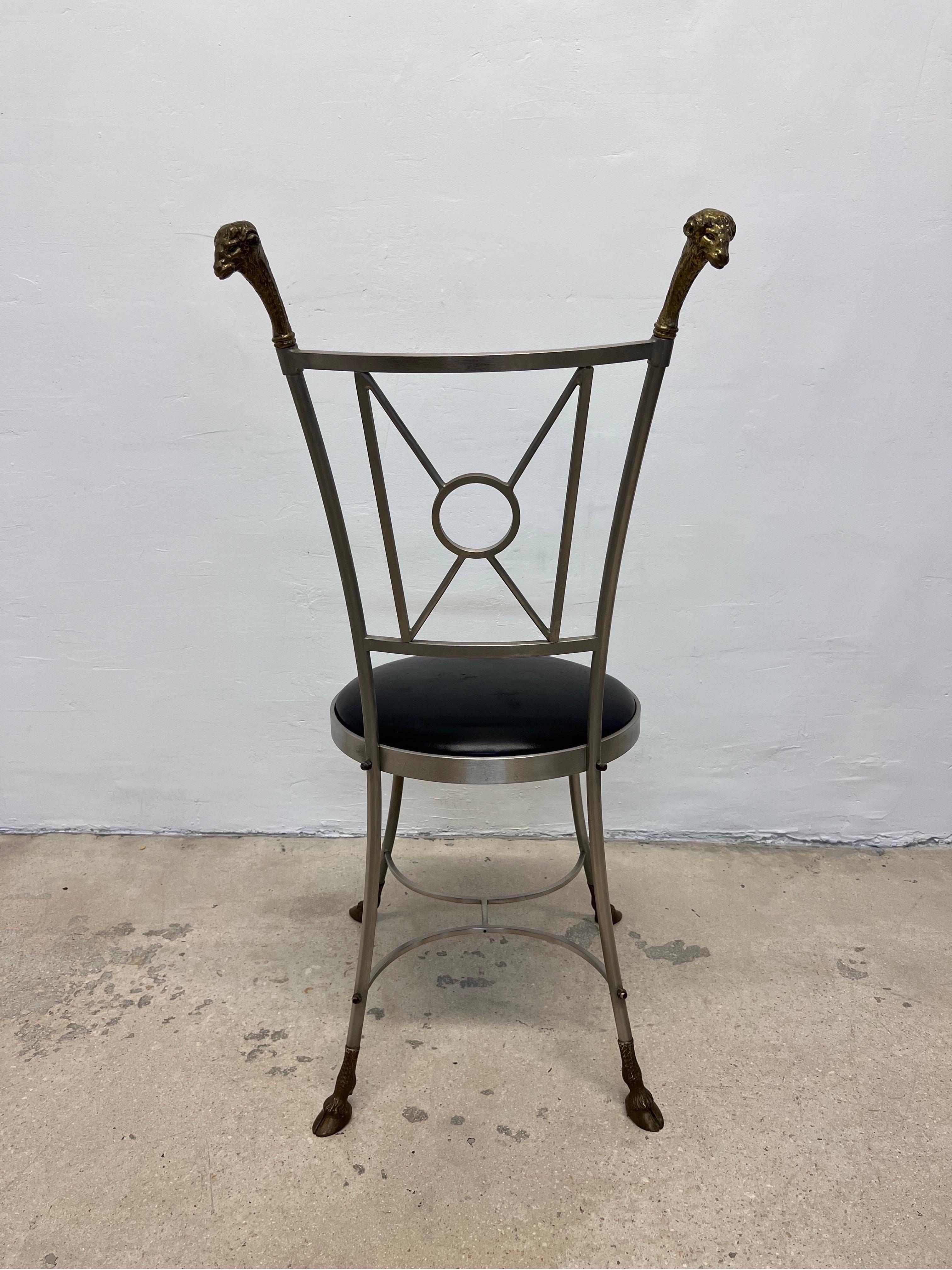 Maison Jansen Style Rams Head and Steel Chair with Leather Seat In Good Condition In Miami, FL
