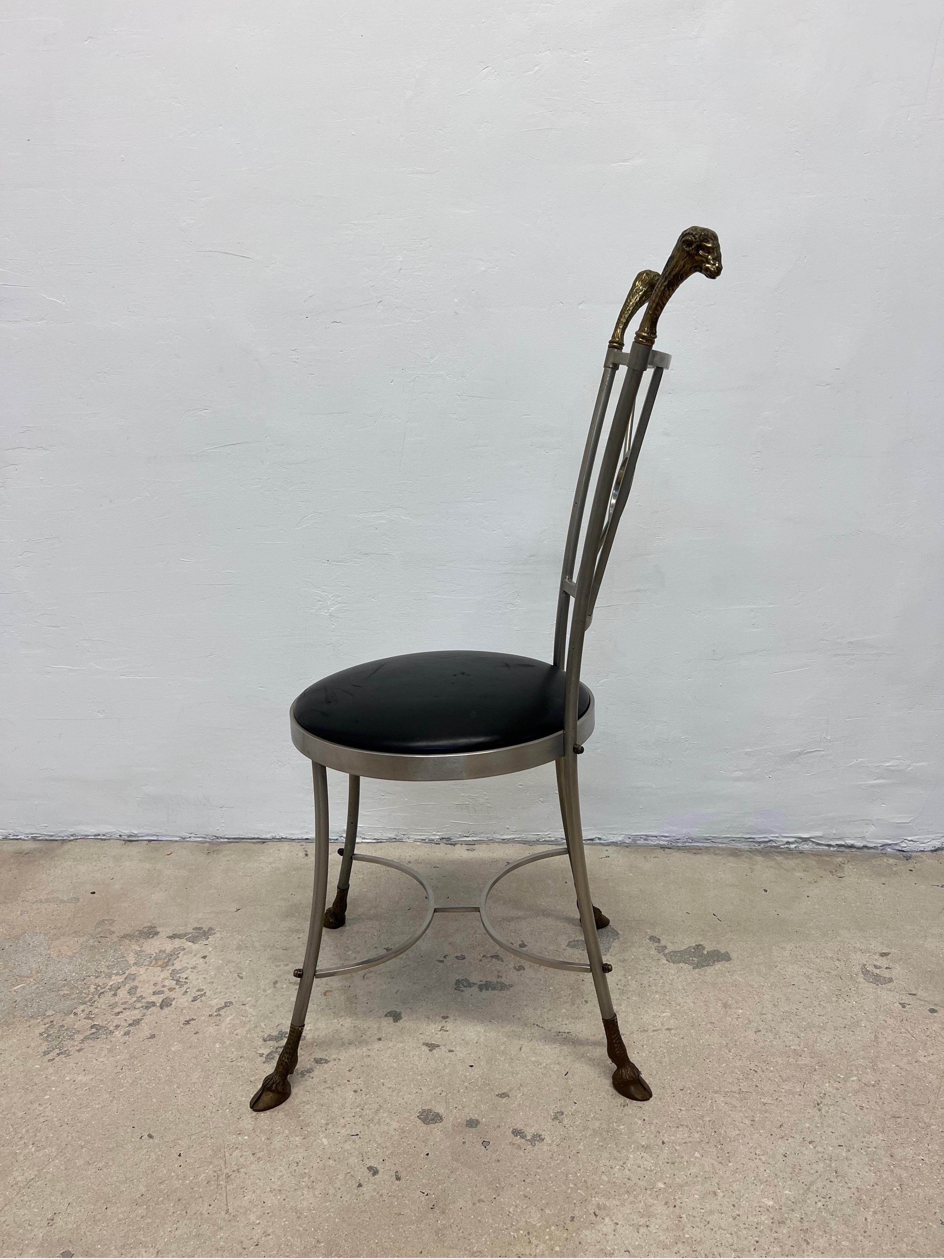 20th Century Maison Jansen Style Rams Head and Steel Chair with Leather Seat